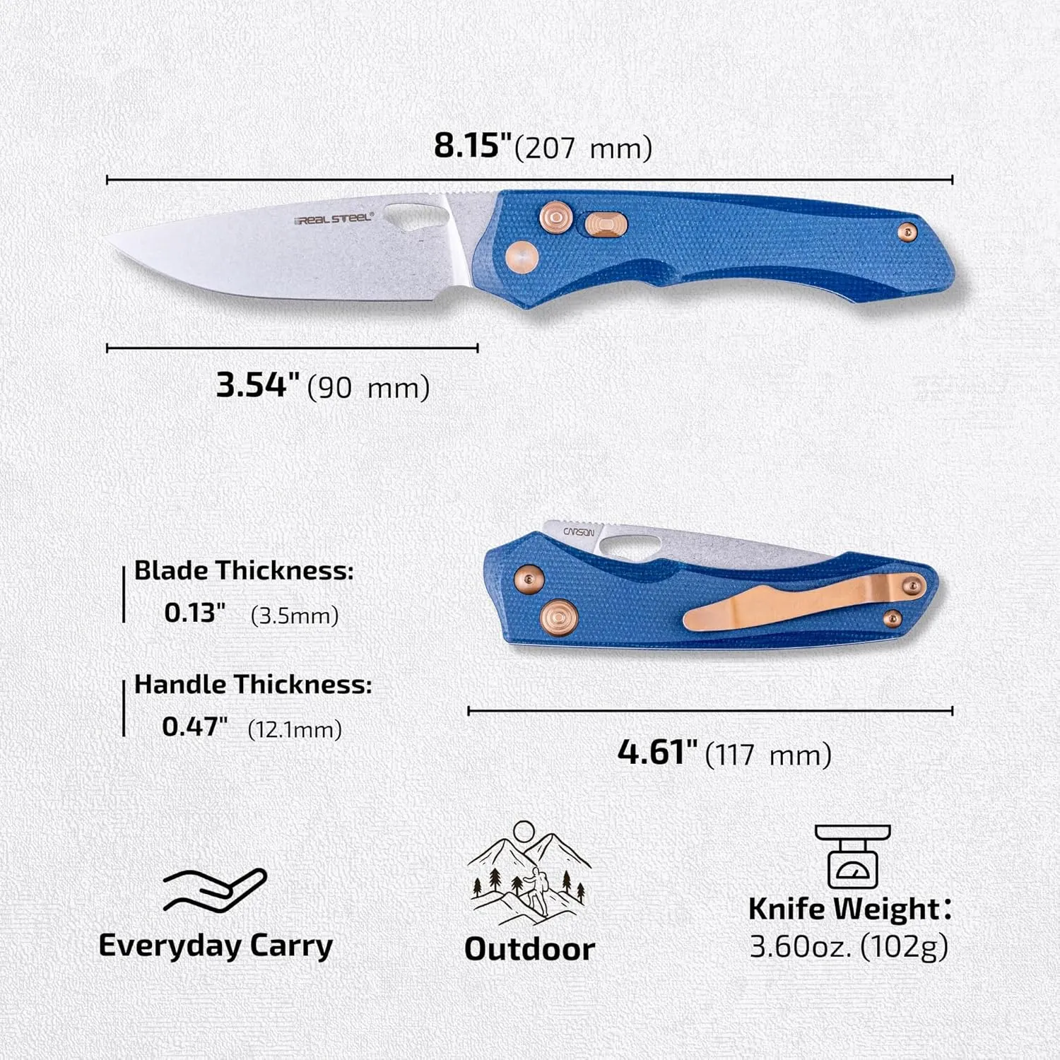 REALSTEEL Griffin Pro Folding Pocket Knife,Thumb Hole,Safe Switch,Button Lock,3.54" 14C28N Steel Stonewash Blade,Micarta Handle,3.6oz,Clip,EDC,Gifts for Men Outdoor Camping Hiking Hunting(Denim)
