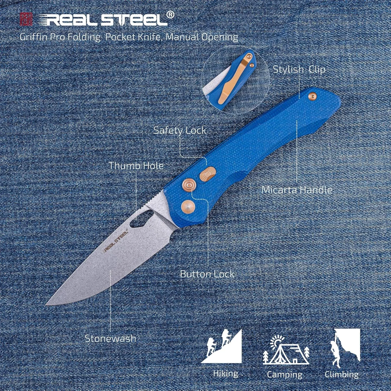 REALSTEEL Griffin Pro Folding Pocket Knife,Thumb Hole,Safe Switch,Button Lock,3.54" 14C28N Steel Stonewash Blade,Micarta Handle,3.6oz,Clip,EDC,Gifts for Men Outdoor Camping Hiking Hunting(Denim)