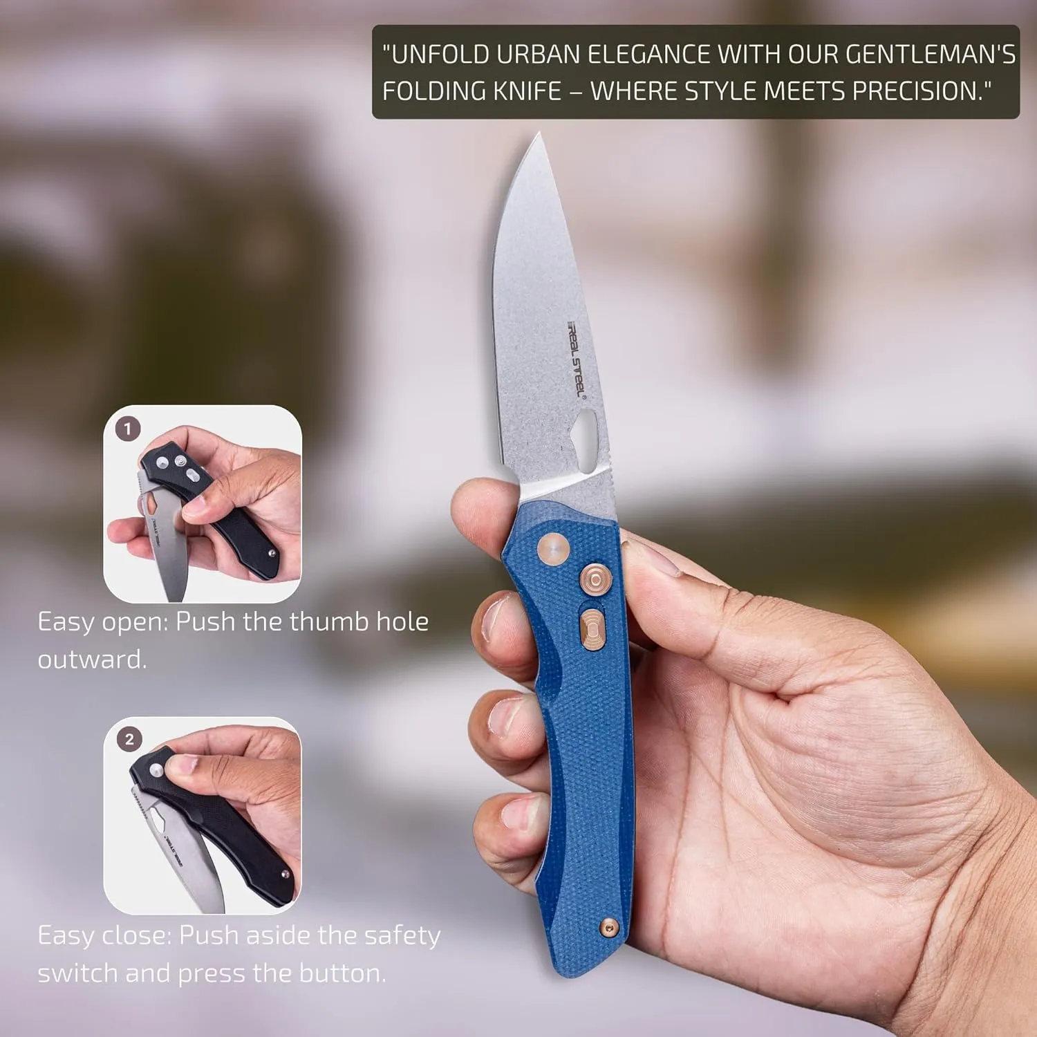 REALSTEEL Griffin Pro Folding Pocket Knife,Thumb Hole,Safe Switch,Button Lock,3.54" 14C28N Steel Stonewash Blade,Micarta Handle,3.6oz,Clip,EDC,Gifts for Men Outdoor Camping Hiking Hunting(Denim)