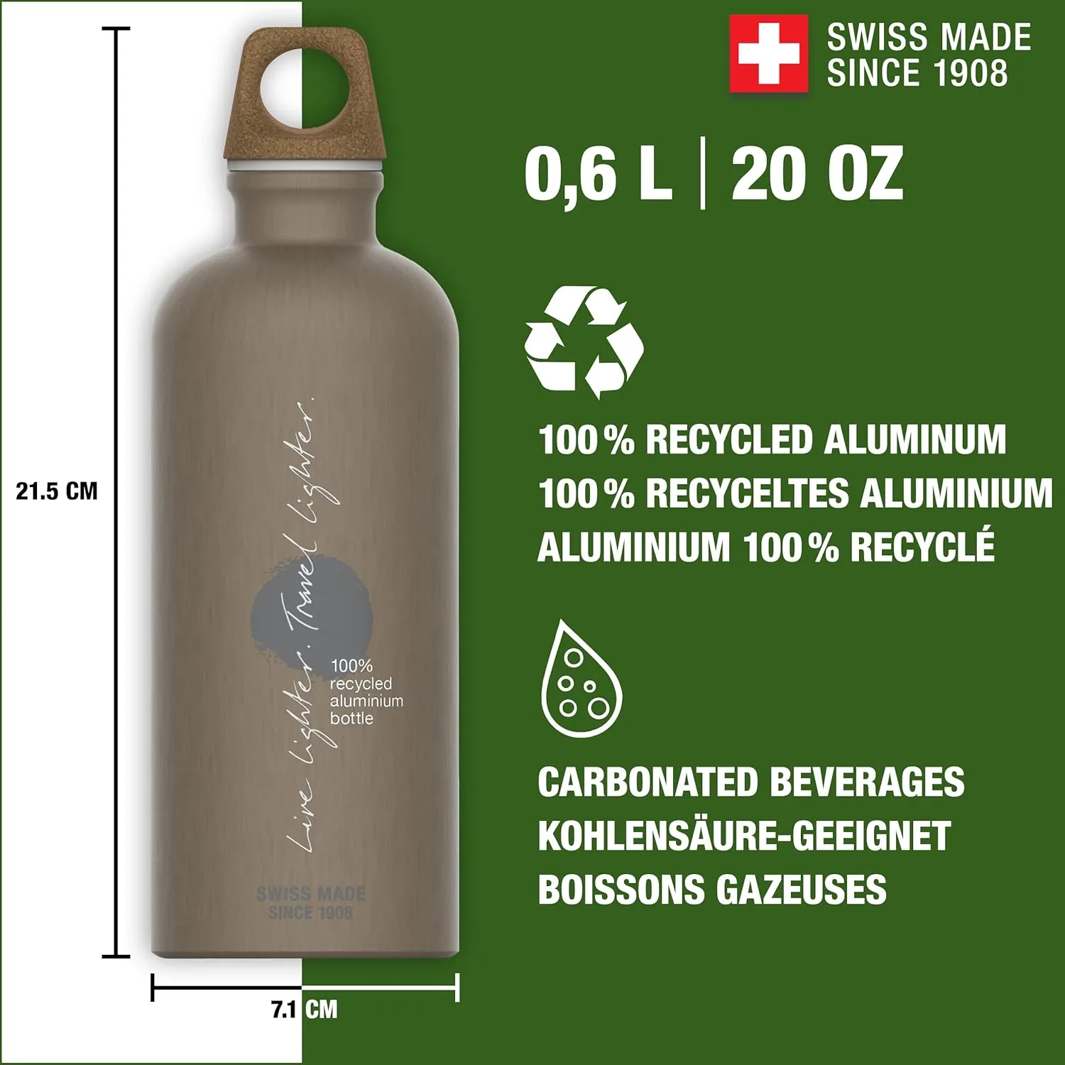Recycled Metal Water Bottle - Traveller MyPlanet - Made in Switzerland - Carbonated Drinks - Lightweight 20, 34Oz