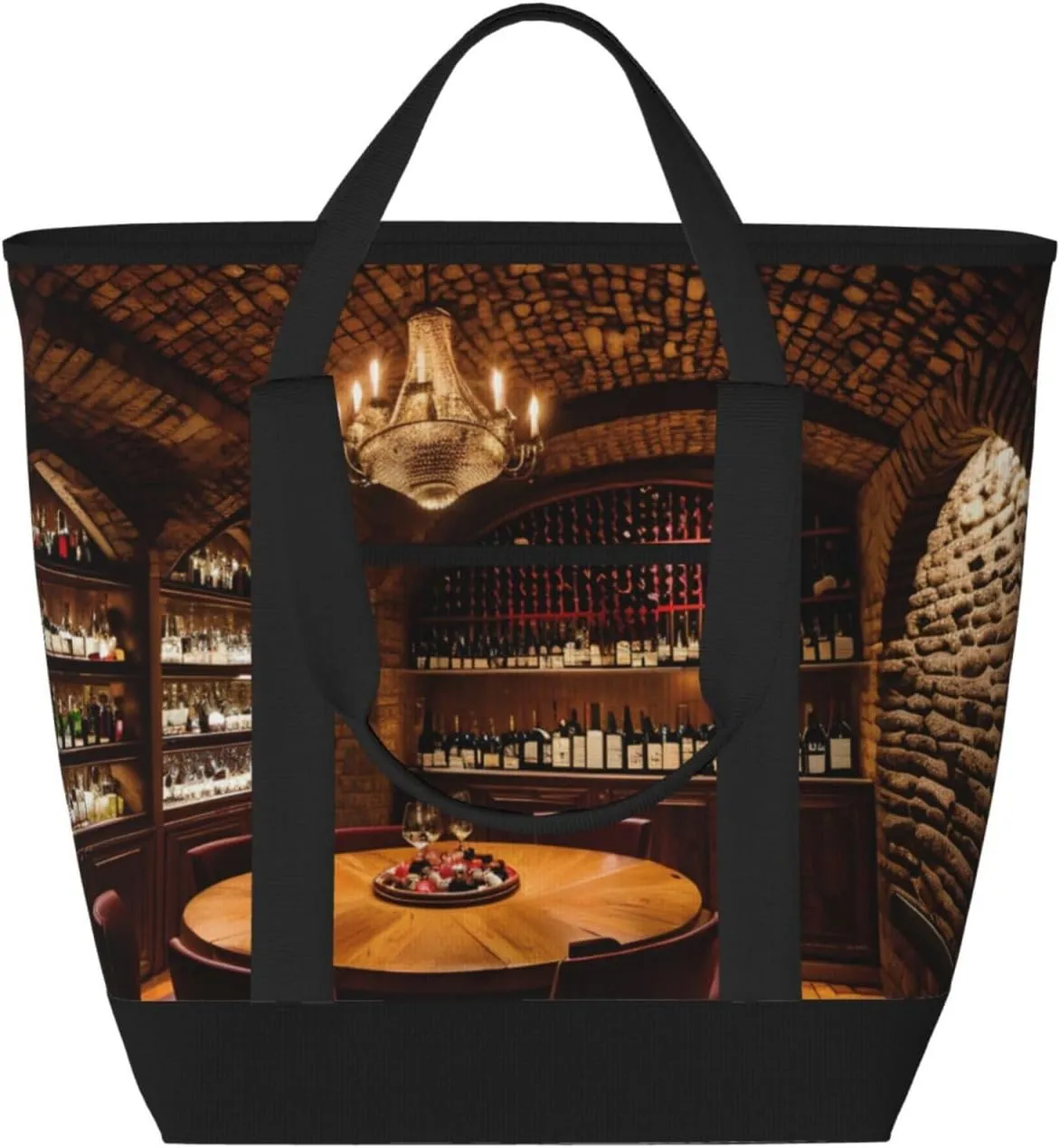 Red Wine Cellar picture Large Capacity Insulated Tote Bag - Adjustable Shoulder Strap, Perfect for Work, Picnic, and Travel - Stylish