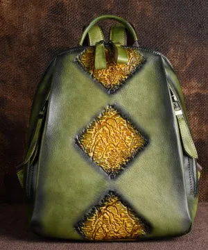 Retro Green Large Capacity Durable Calf Leather Backpack Bag