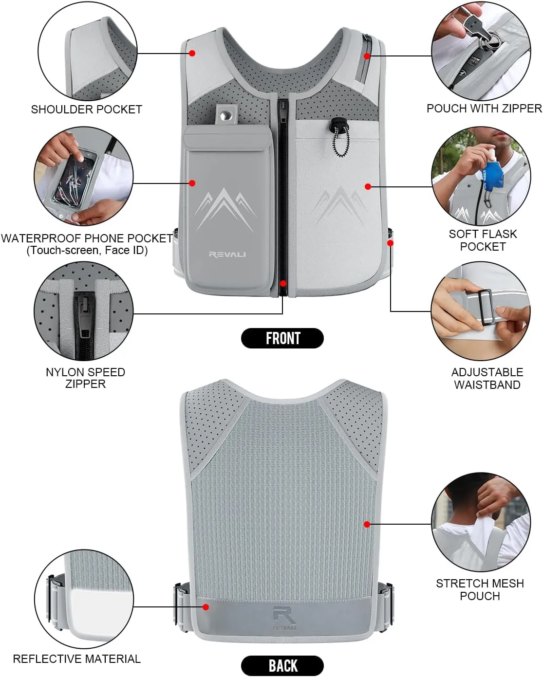 REVALI Zip Reflective Running Vests with Hydration Bottle, Adjustable Waistband & Breathable Material, Chest Pack Gear Phone Holder for Men & Women