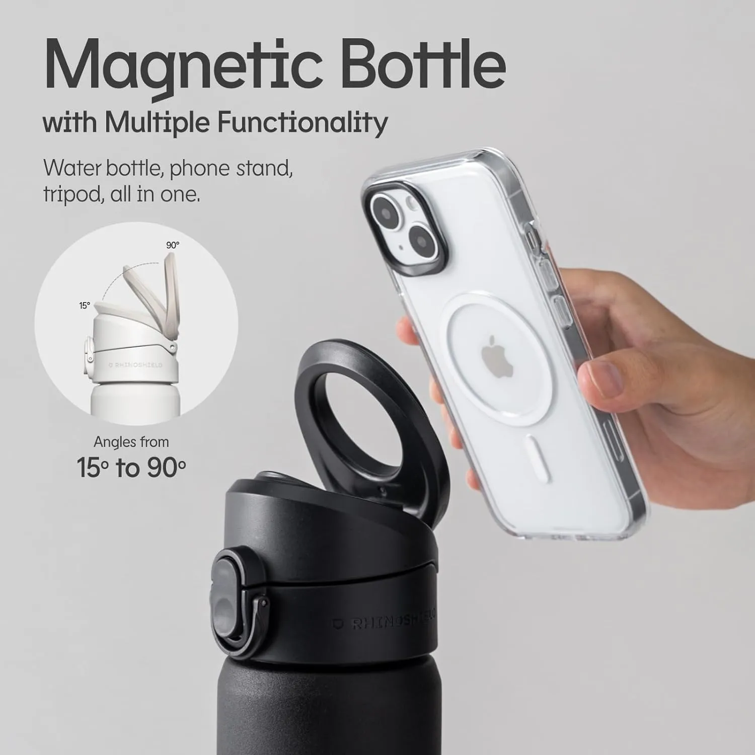 RHINOSHIELD AquaStand Magnetic Bottle 23 oz | Stainless Steel Insulated Water Bottle with Straw Lid, Sport Bottle with MagSafe Compatible Handle, Tripod with Adjustable Angles, Leak Proof - Black