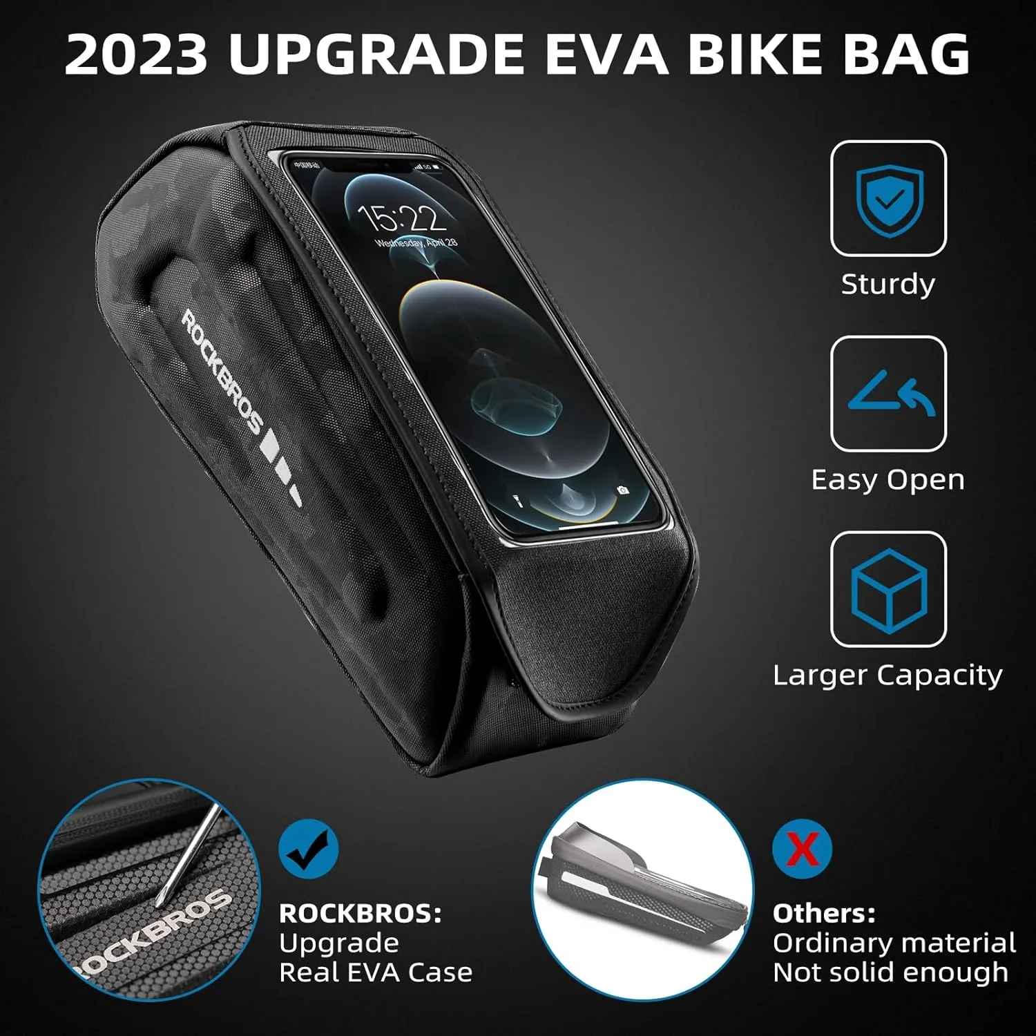 ROCKBROS Bike Bag Phone Mount Bag Bicycle Accessories Pouch, EVA Waterproof Bike Phone Holder Top Tube Front Frame Bag Handlebar Bags Compatible Phones Under 6.8”
