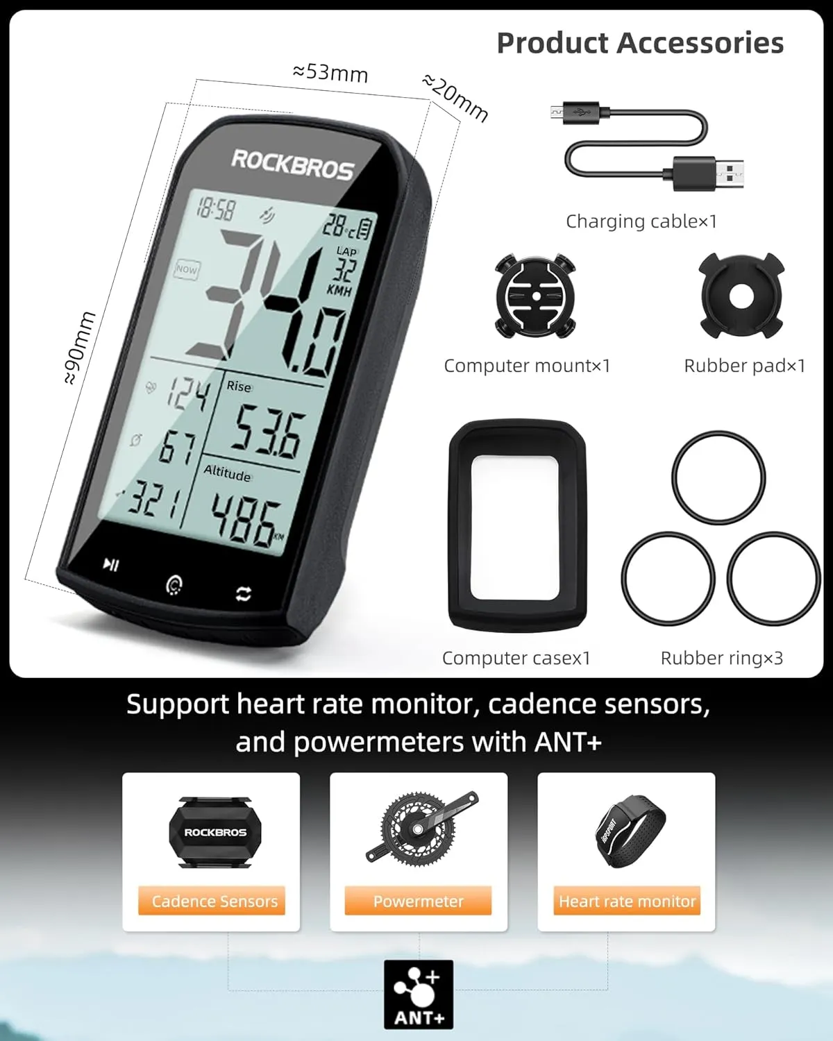 ROCKBROS Bike Computer Wireless Cycling Computers ANT  Bluetooth Bike Speedometer Odometer Bicycle Computer with Speed Cadence Sensor for Riding Cycling Waterproof 2.9inch LCD Screen