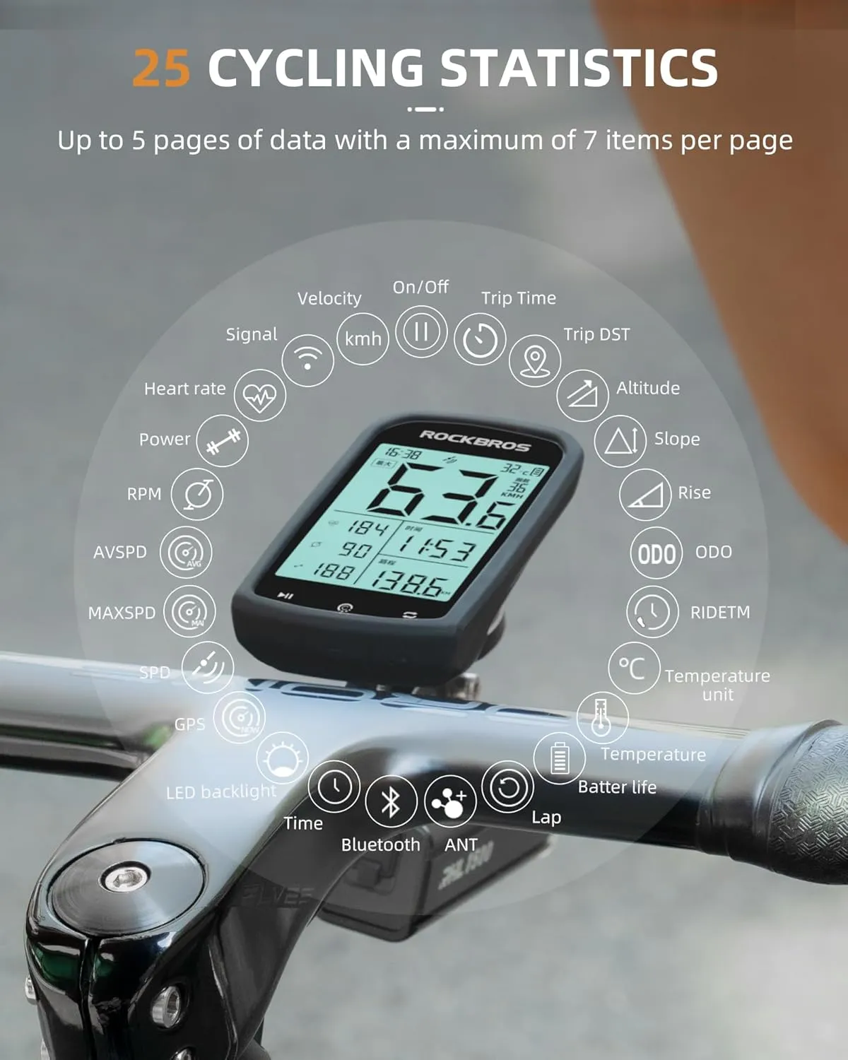ROCKBROS Bike Computer Wireless Cycling Computers ANT  Bluetooth Bike Speedometer Odometer Bicycle Computer with Speed Cadence Sensor for Riding Cycling Waterproof 2.9inch LCD Screen