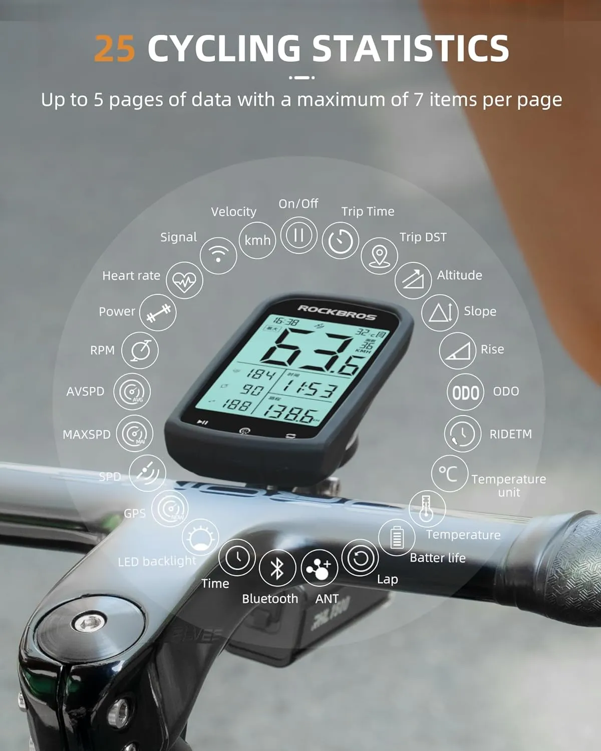 ROCKBROS Bike Computer Wireless Cycling Computers ANT  Bluetooth Bike Speedometer Odometer Bicycle Computer with Speed Cadence Sensor for Riding Cycling Waterproof 2.9inch LCD Screen