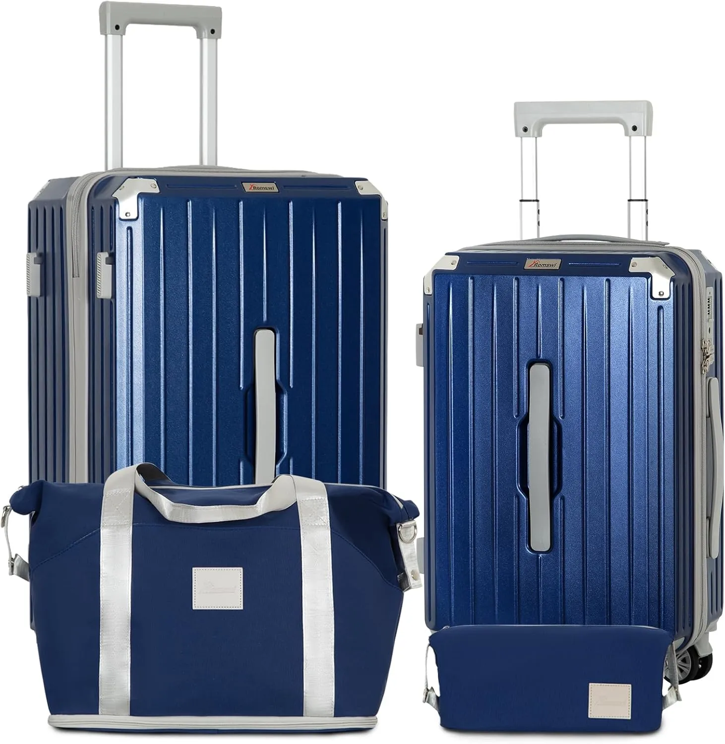 Romswi 3-Piece Carry-On Luggage Set with Cup Holder TSA Lock, 20" Hardside Spinner Suitcase with Duffel Bag, Lightweight Durable PC ABS Navy Travel Luggage