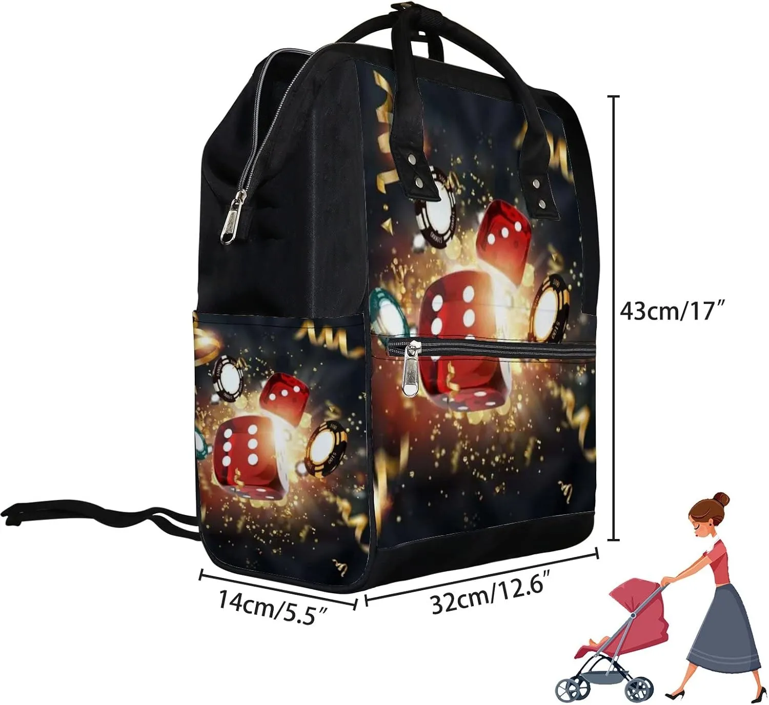 Roulette Gaming Dice Cards Diaper Bag Backpack Waterproof Backpack Baby Nappy Changing Bag for Travel Large Capacity Durable and Stylish for Woman