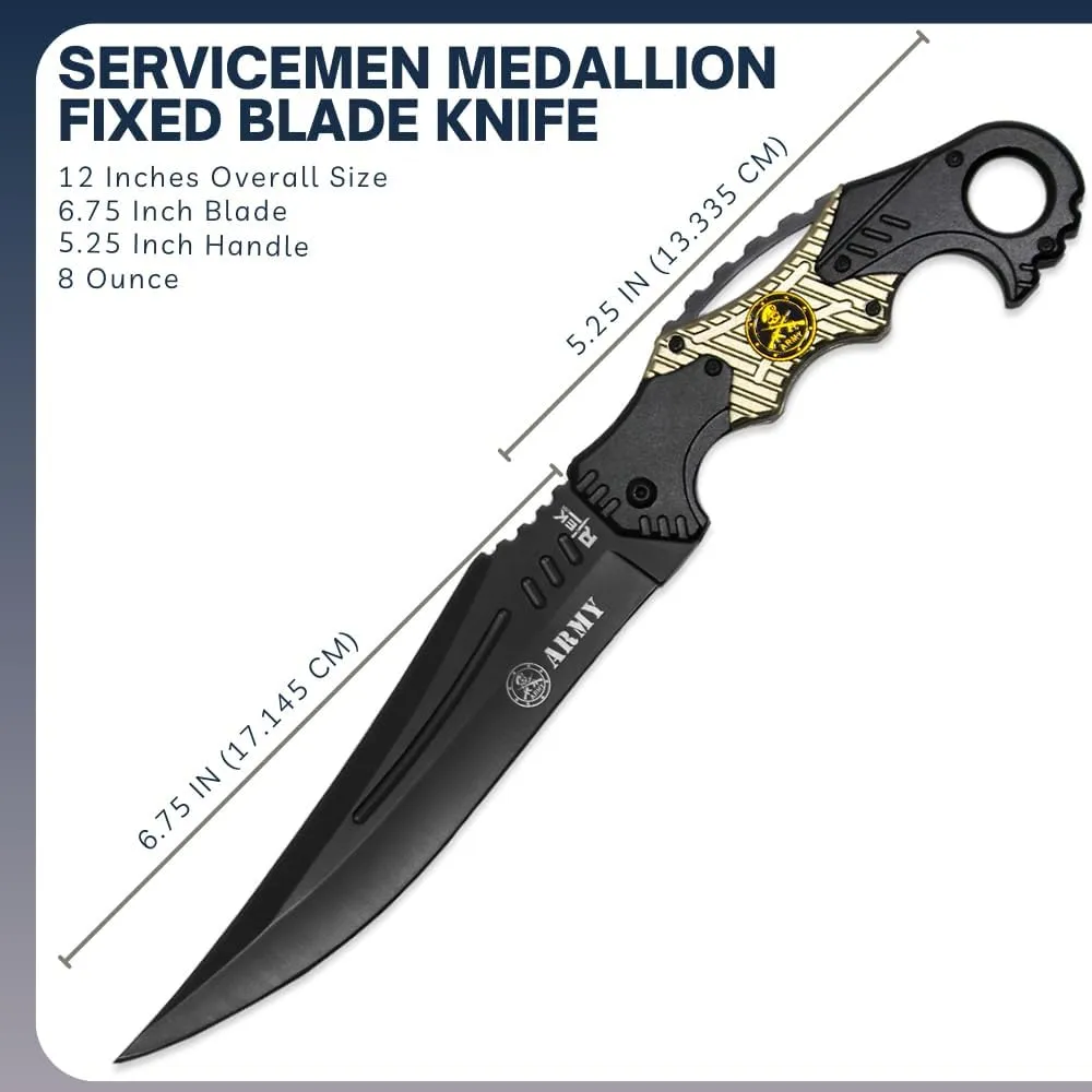 Rtek Fixed Blade Tactical Knife, 12 Inch Overall Length, Stainless Steel, Black with Sheath (Gold)