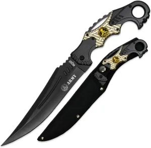 Rtek Fixed Blade Tactical Knife, 12 Inch Overall Length, Stainless Steel, Black with Sheath (Gold)