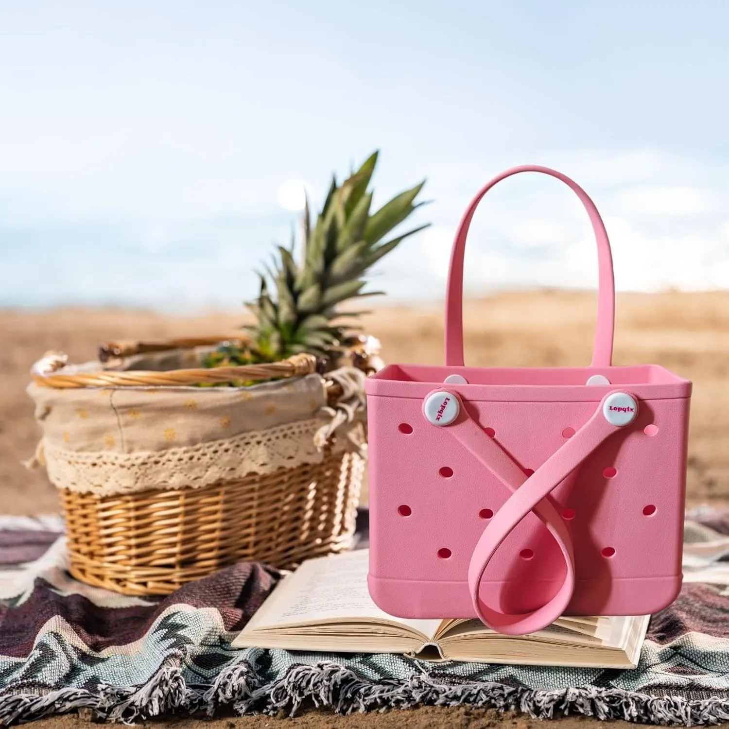 Rubber Tote Bag, Bitty Beach Tote, Double Shoulder Strap, Lightweight Carryall for Beach, Travel, Gym, Pool, Camping