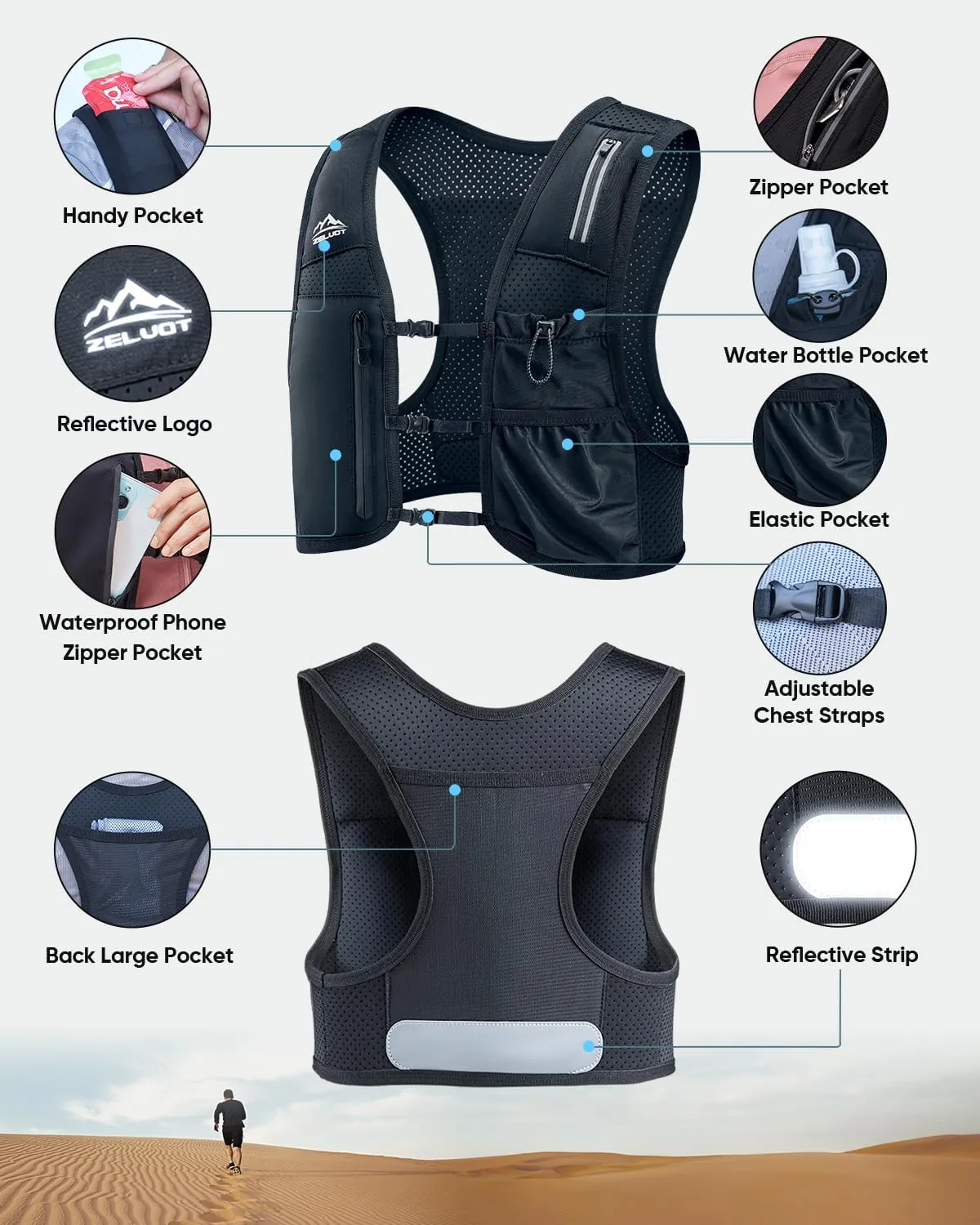 Running Vest for Women Men, USA Original Patent, Adjustable Chest Straps Running Hydration Vest with 500ml Soft Flask and Phone Holder, Lightweight Reflective Hydration Backpack