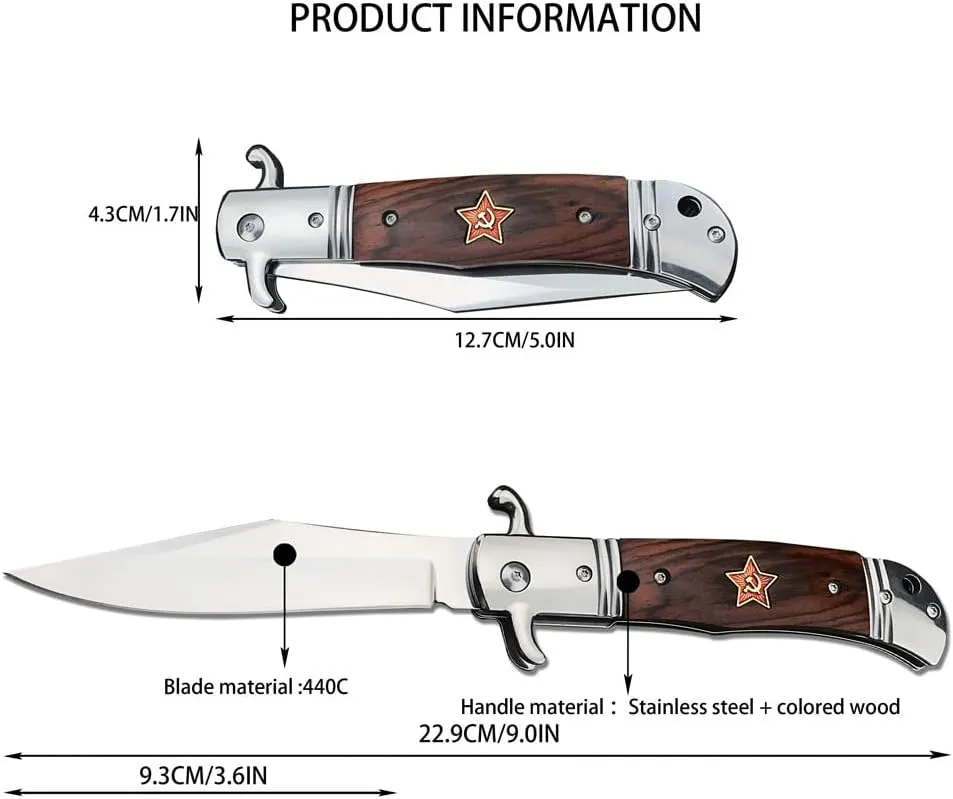 Russian Finka-NKVD KGB Folding Pocket Knife, 3.6"" Mirror Polished 440C Steel Clip Point Blade Colored Wood Handles with Cowhide Sheath, Camping EDC Tools, Gift for Men (Red)