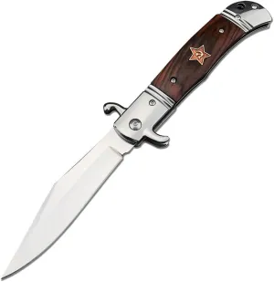 Russian Finka-NKVD KGB Folding Pocket Knife, 3.6"" Mirror Polished 440C Steel Clip Point Blade Colored Wood Handles with Cowhide Sheath, Camping EDC Tools, Gift for Men (Red)