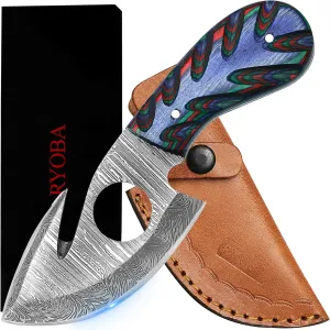 RYOBA Predator Hunters-Handmade Damascus Knife with Custom sheath-Skinning knife with Gut Hook For Outdoor, Camping, Skinner-EDC 6.5 Overall-Fixed Blade Hunting Knive & Bushcraft Knife(Multi-Color)