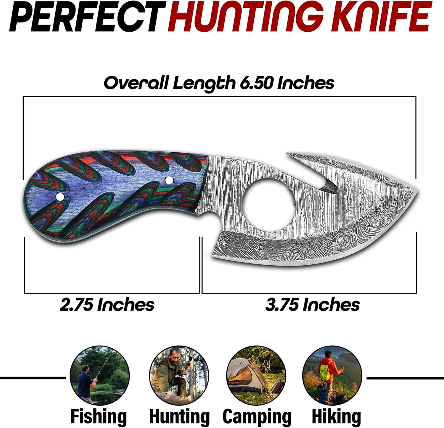 RYOBA Predator Hunters-Handmade Damascus Knife with Custom sheath-Skinning knife with Gut Hook For Outdoor, Camping, Skinner-EDC 6.5 Overall-Fixed Blade Hunting Knive & Bushcraft Knife(Multi-Color)