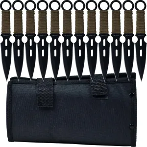S-Force Kunai Knives - 12-Pack Black and Green Stainless-Steel Ninja Throwing Knife Set with Cord-Wrapped Handles and Carry Case by Whetstone Cutlery