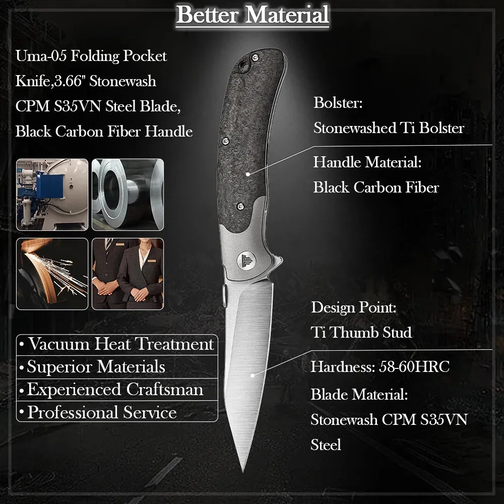 S35VN Power Steel Blade Knife | Titanium Bolster Thumb Studs | Micarta Handle | Folding| Clip|58-60HRC