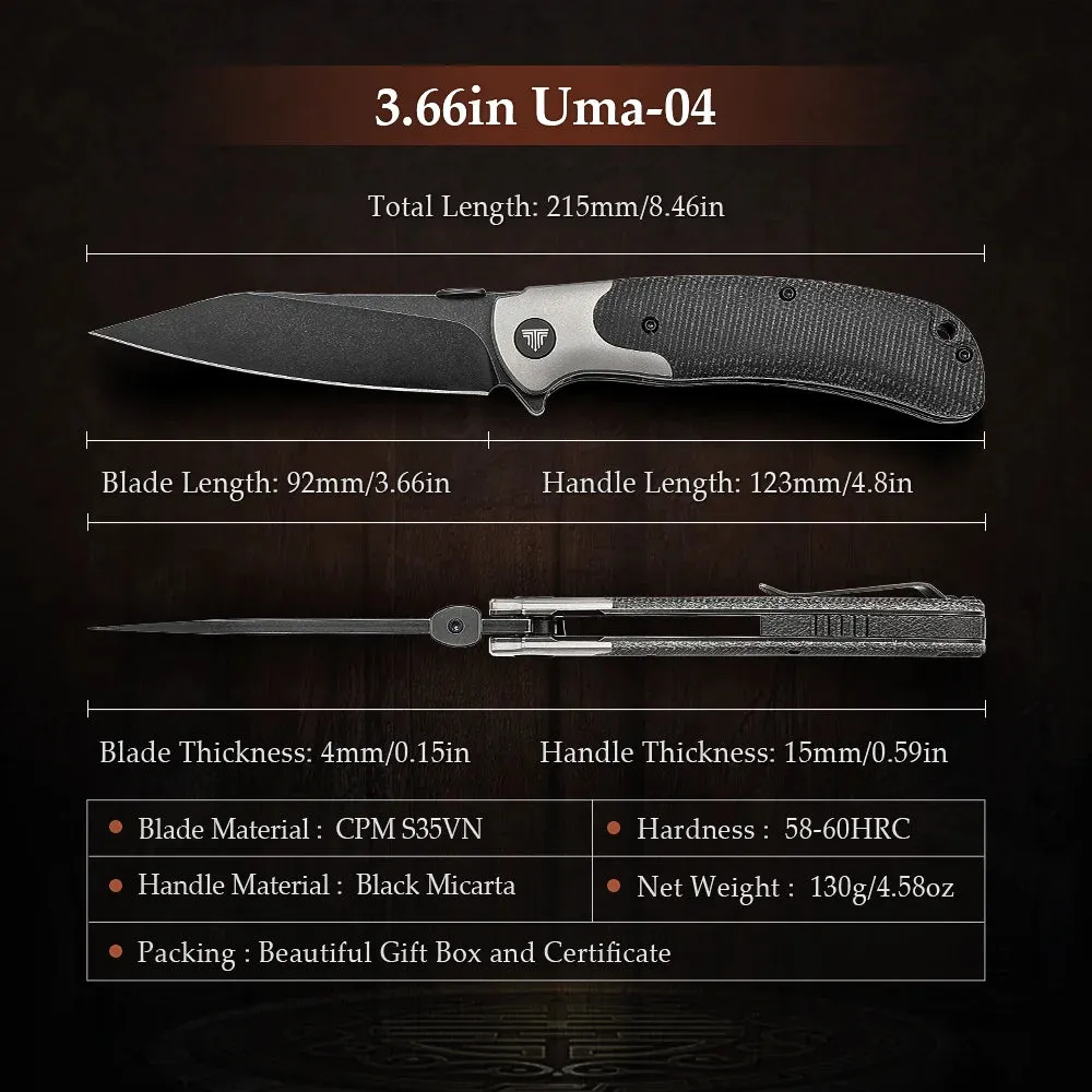 S35VN Power Steel Blade Knife | Titanium Bolster Thumb Studs | Micarta Handle | Folding| Clip|58-60HRC
