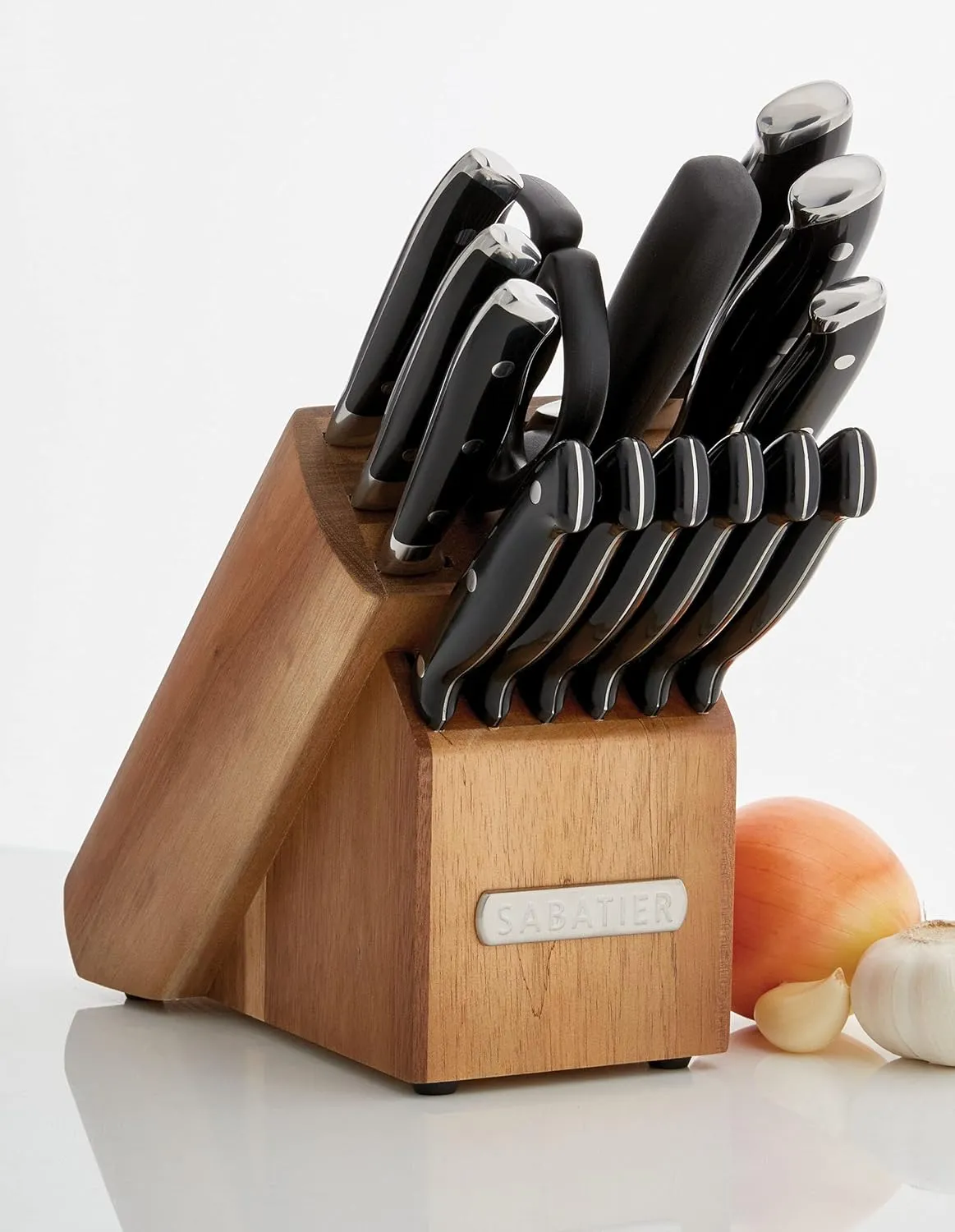 Sabatier 15-Piece Forged Triple Rivet Knife Block Set, High-Carbon Stainless Steel Kitchen Knives, Razor-Sharp Knife set with Acacia Wood Block, Black Handles