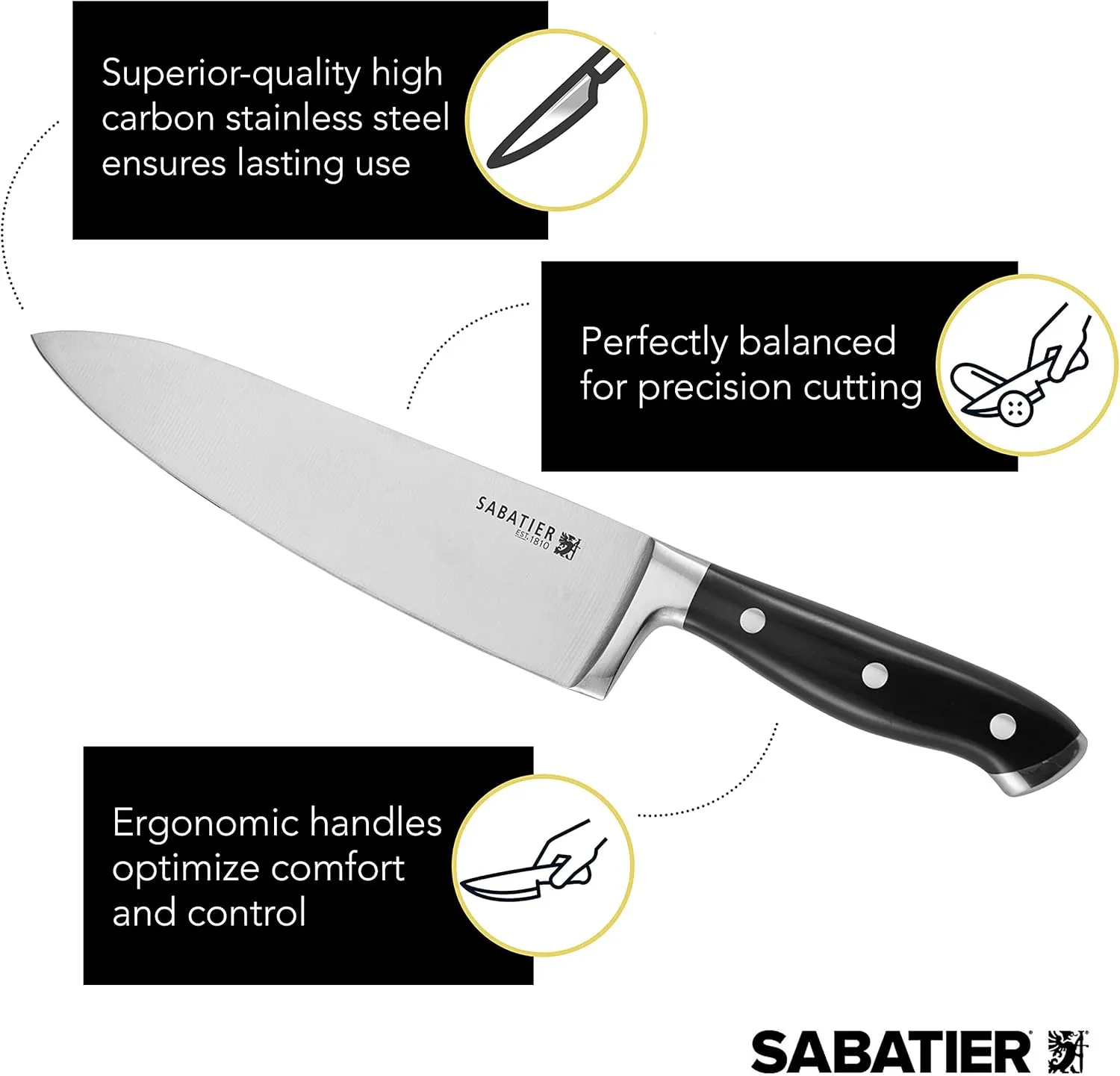 Sabatier 15-Piece Forged Triple Rivet Knife Block Set, High-Carbon Stainless Steel Kitchen Knives, Razor-Sharp Knife set with Acacia Wood Block, Black Handles