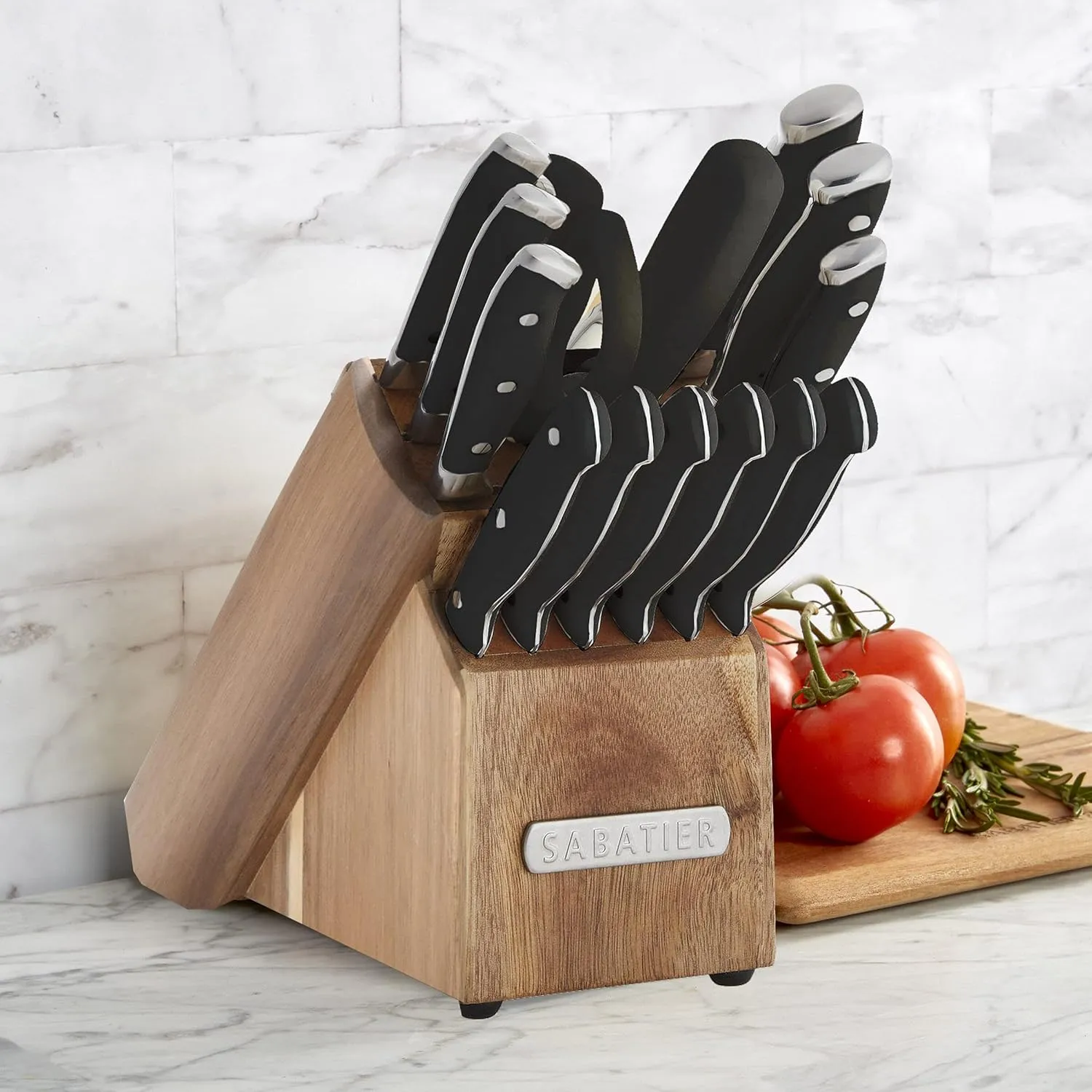 Sabatier 15-Piece Forged Triple Rivet Knife Block Set, High-Carbon Stainless Steel Kitchen Knives, Razor-Sharp Knife set with Acacia Wood Block, Black Handles