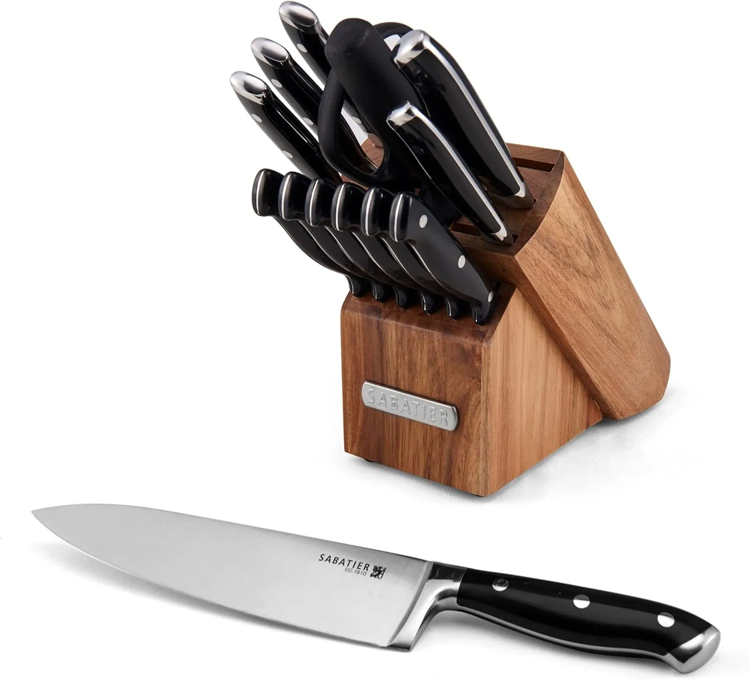 Sabatier 15-Piece Forged Triple Rivet Knife Block Set, High-Carbon Stainless Steel Kitchen Knives, Razor-Sharp Knife set with Acacia Wood Block, Black Handles