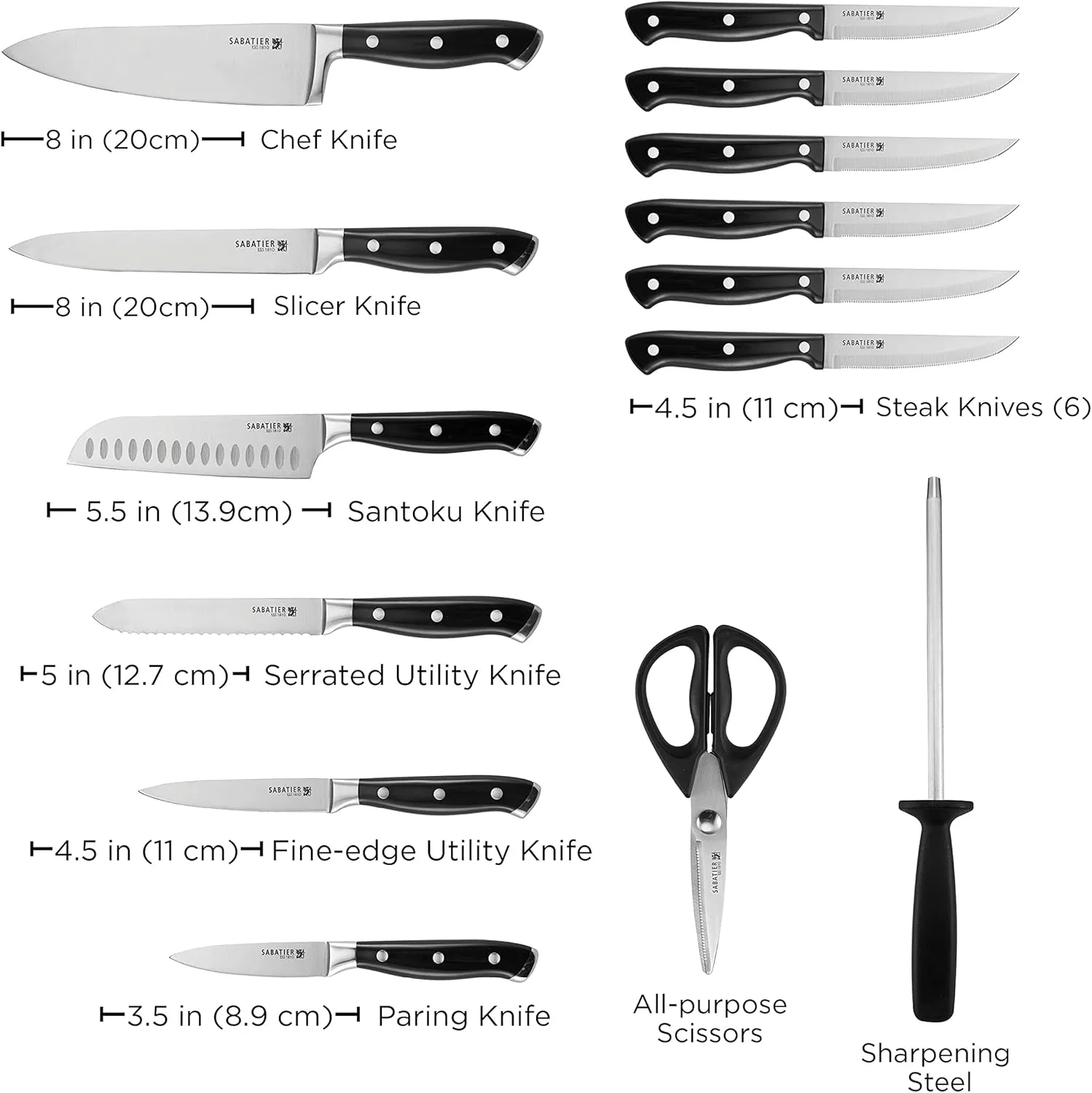 Sabatier 15-Piece Forged Triple Rivet Knife Block Set, High-Carbon Stainless Steel Kitchen Knives, Razor-Sharp Knife set with Acacia Wood Block, Black Handles