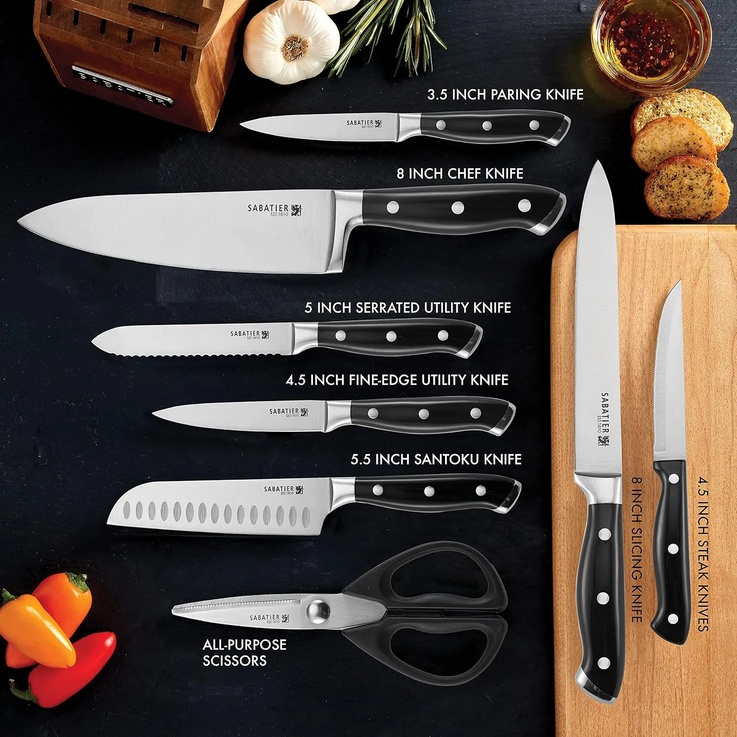 Sabatier 15-Piece Forged Triple Rivet Knife Block Set, High-Carbon Stainless Steel Kitchen Knives, Razor-Sharp Knife set with Acacia Wood Block, Black Handles