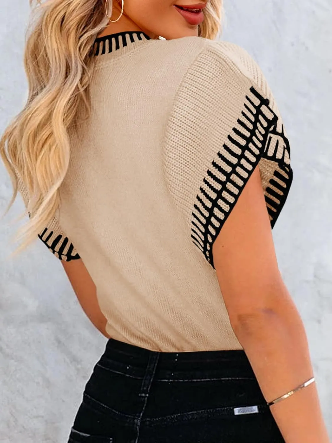 Saodimallsu Womens Short Sleeve Sweaters Tops Summer Ruffle Striped Loose Crew Neck Lightweight Soft Shirts Knit Sweater