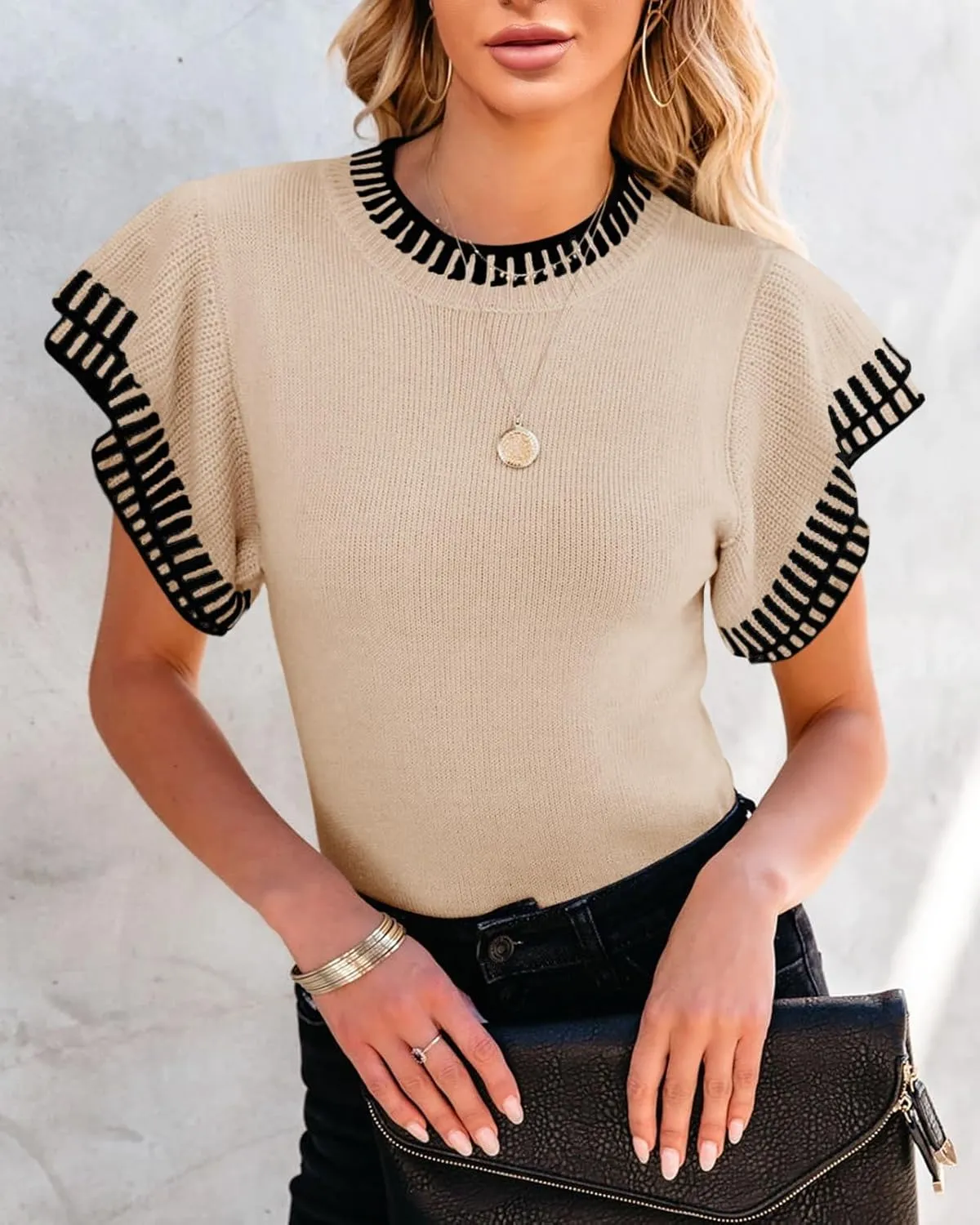 Saodimallsu Womens Short Sleeve Sweaters Tops Summer Ruffle Striped Loose Crew Neck Lightweight Soft Shirts Knit Sweater