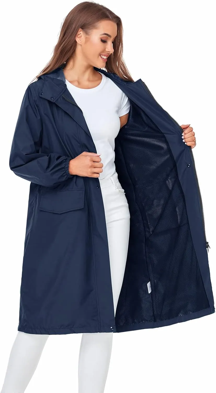 SaphiRose Women's Long Rain Jacket Waterproof Lightweight Hooded Raincoat Packable Knee Length Rain coat