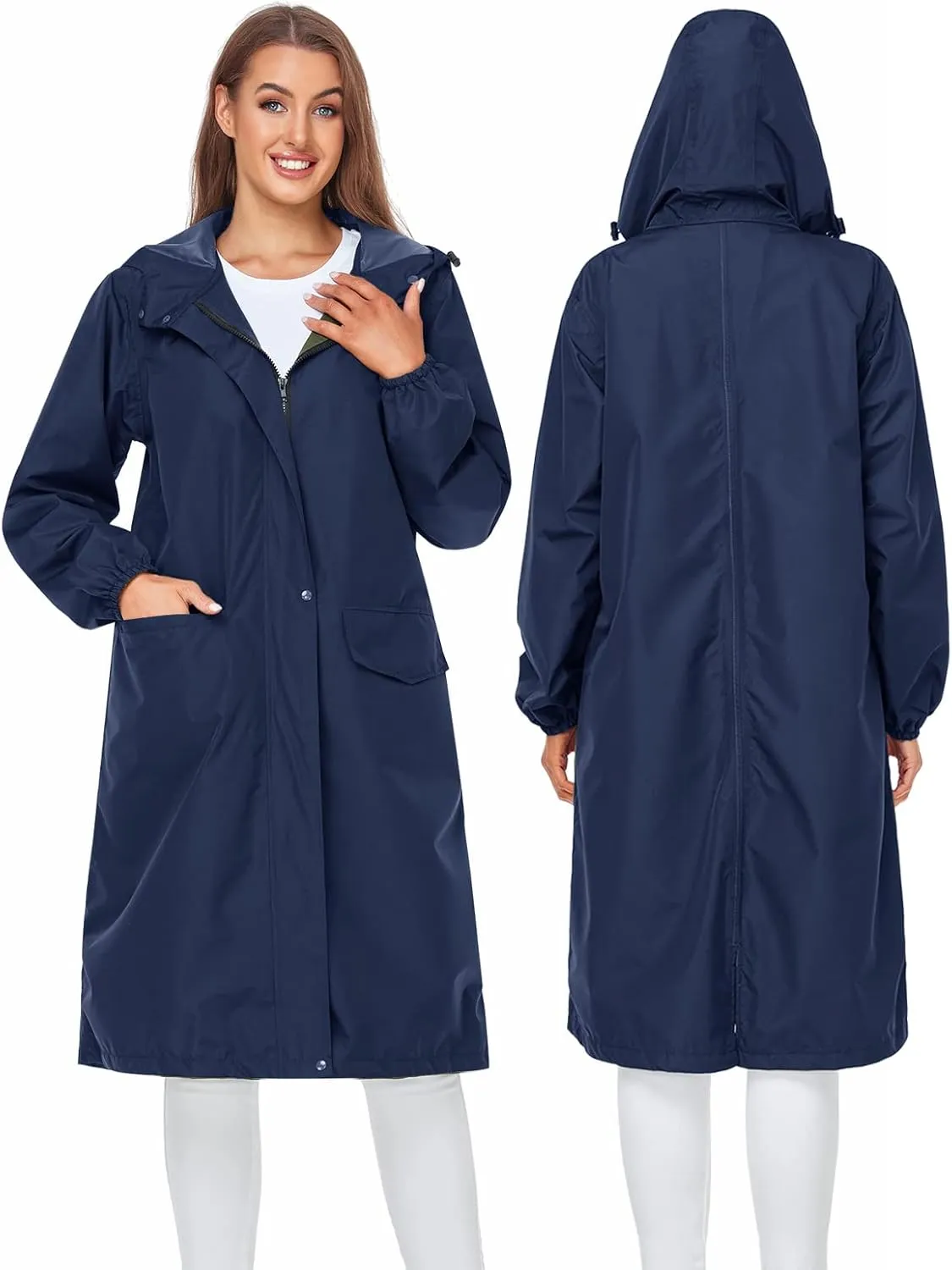 SaphiRose Women's Long Rain Jacket Waterproof Lightweight Hooded Raincoat Packable Knee Length Rain coat