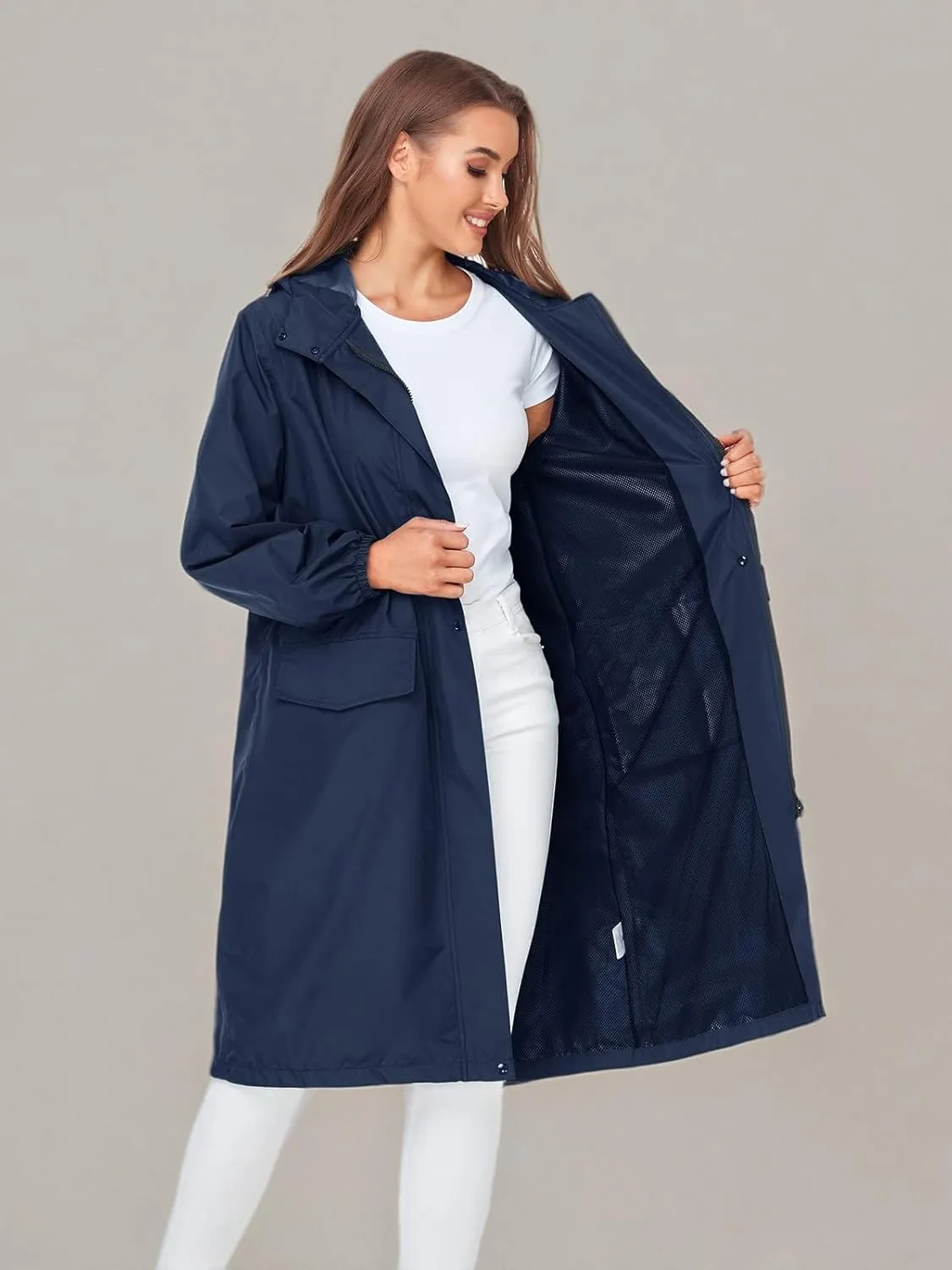 SaphiRose Women's Long Rain Jacket Waterproof Lightweight Hooded Raincoat Packable Knee Length Rain coat