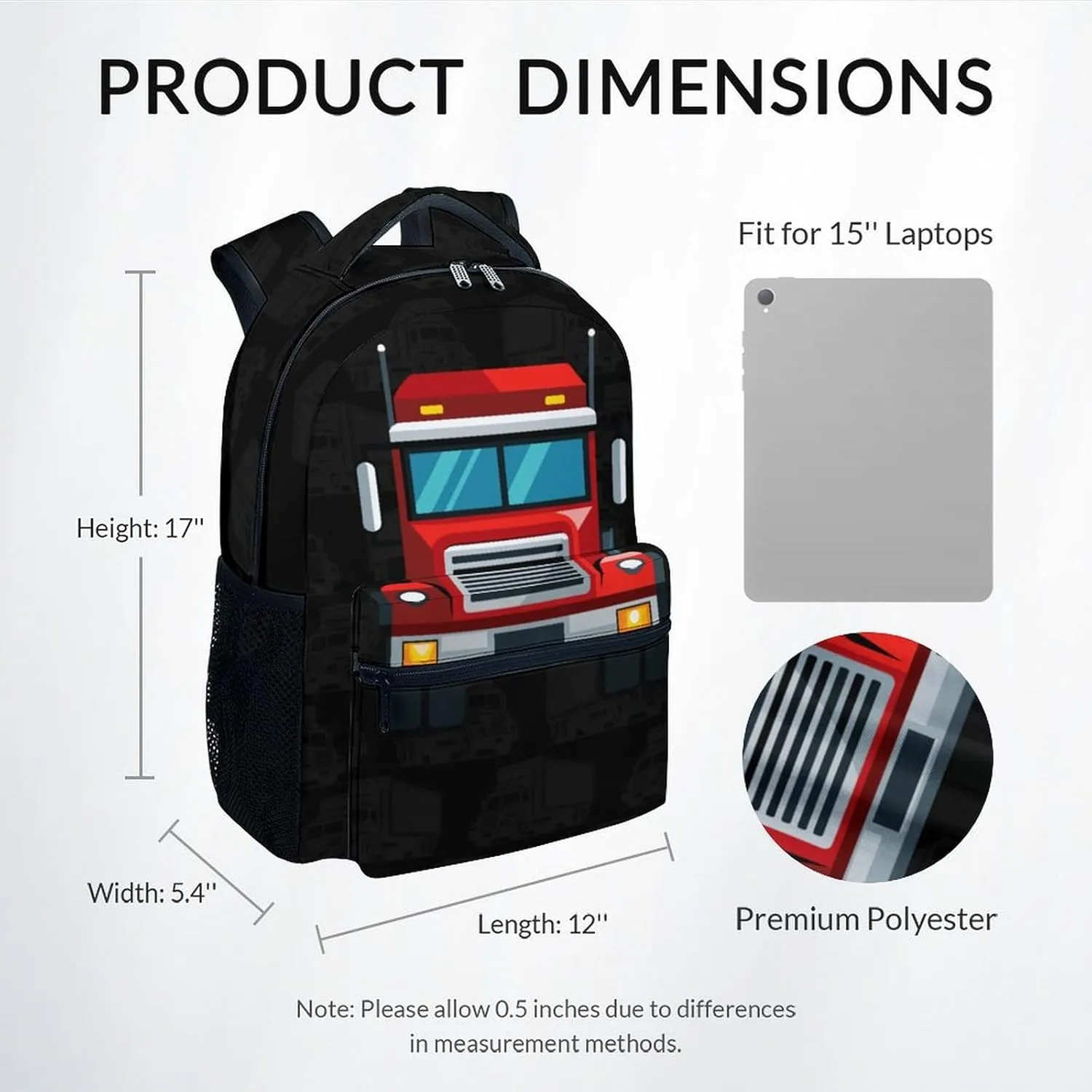 School Bags for Boys - 17 Inch Truck Kid Backpack - Large Capacity, Durable, Lightweight - Black Bookbag for School, Travel and Camp