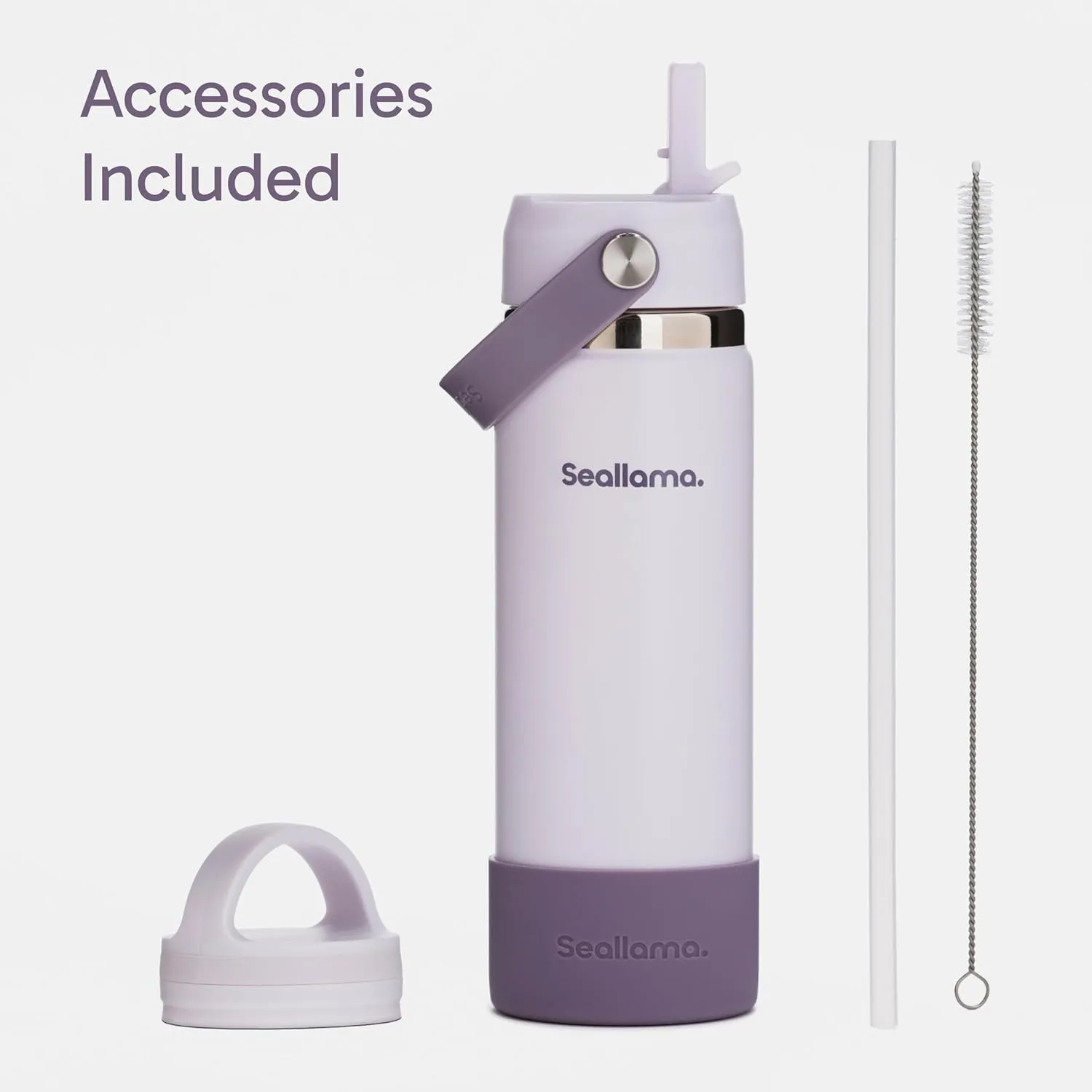 Seallama. Stainless Steel Wide Mouth Water Bottle - 2 Lids (Flex Straw Lid) and Double-Wall Vacuum Insulation - Leak Proof, BPA-Free, for Travel, Sports, School, and Car (Dusty Lavender, 21 oz)