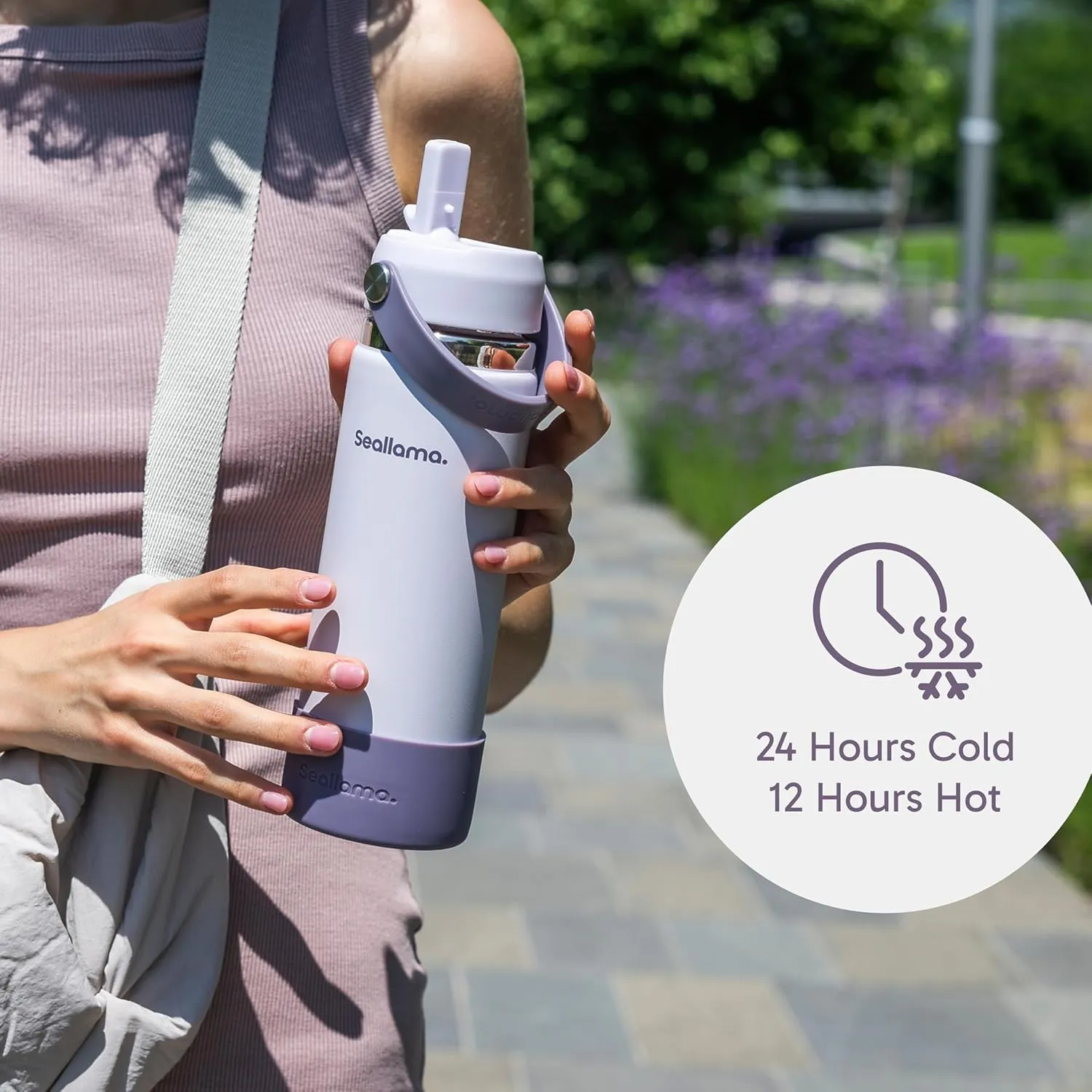 Seallama. Stainless Steel Wide Mouth Water Bottle - 2 Lids (Flex Straw Lid) and Double-Wall Vacuum Insulation - Leak Proof, BPA-Free, for Travel, Sports, School, and Car (Dusty Lavender, 21 oz)