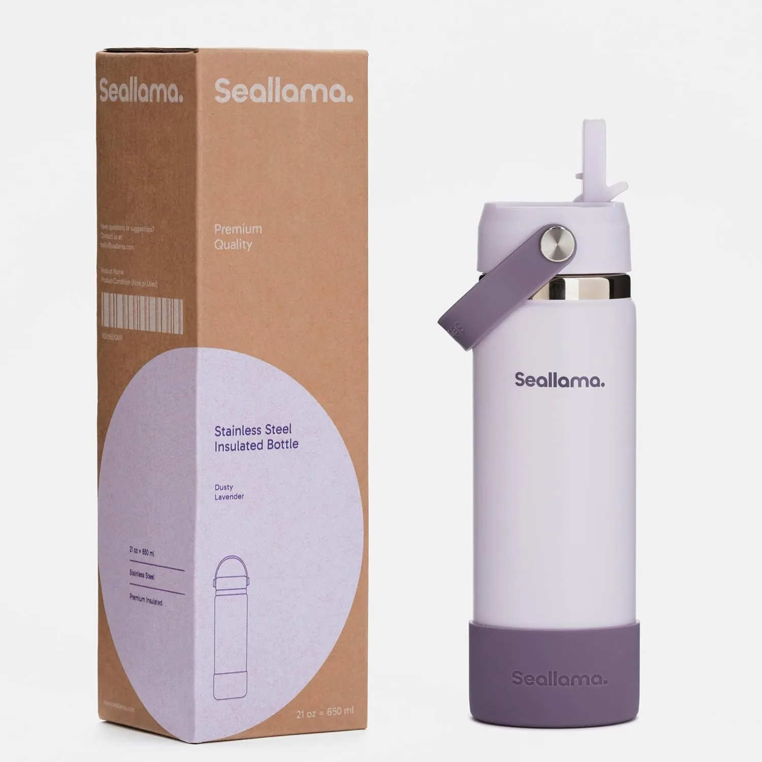 Seallama. Stainless Steel Wide Mouth Water Bottle - 2 Lids (Flex Straw Lid) and Double-Wall Vacuum Insulation - Leak Proof, BPA-Free, for Travel, Sports, School, and Car (Dusty Lavender, 21 oz)