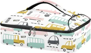 Seamless Cartoon Cars, Road Hatches, Zebra Crossing on White Reusable Insulated Pizza Bag, Waterproof Food Delivery Bag, with Handle Lid Leakproof Pizza Holder Tote for Hot or Cold Food