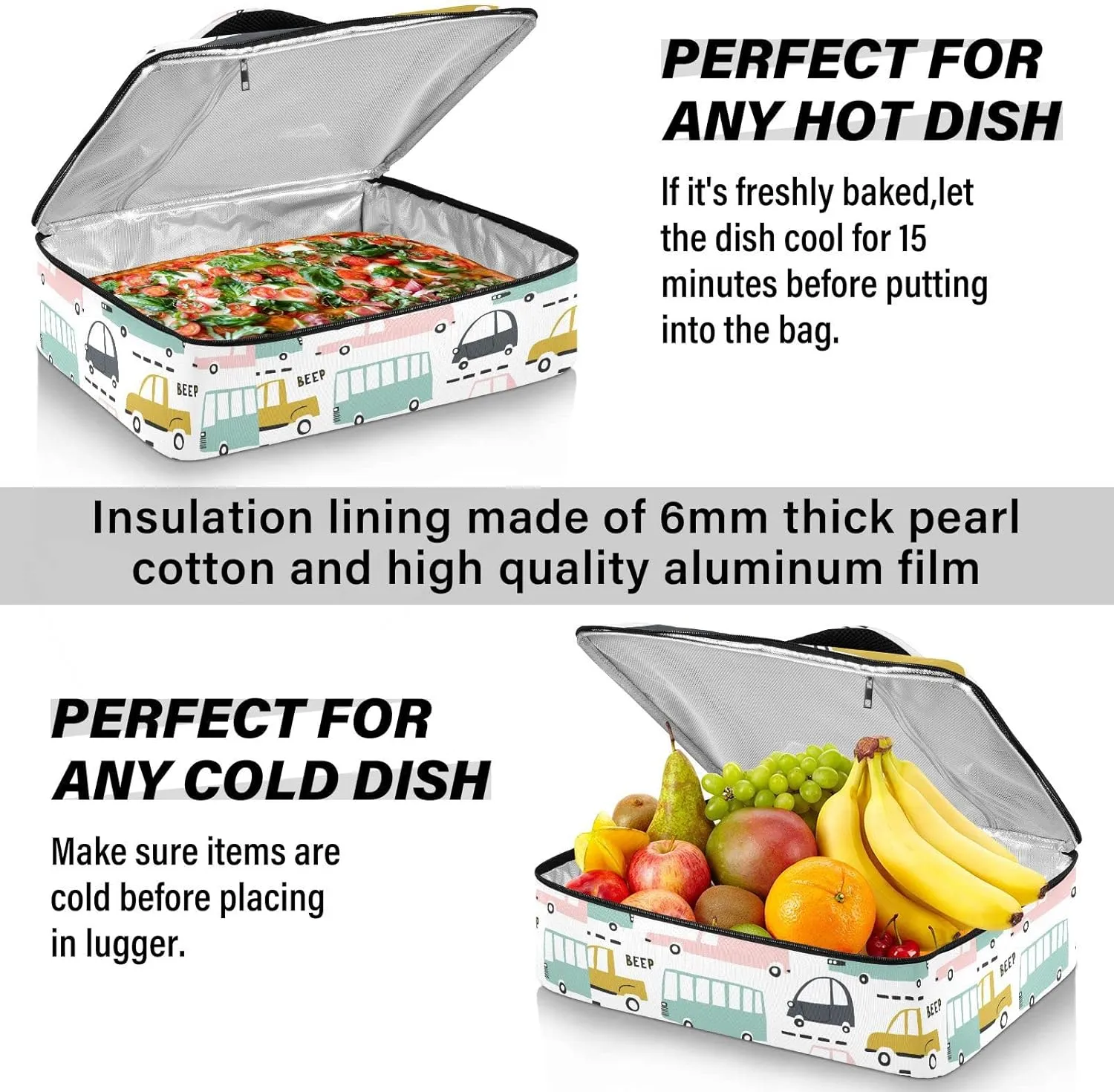 Seamless Cartoon Cars, Road Hatches, Zebra Crossing on White Reusable Insulated Pizza Bag, Waterproof Food Delivery Bag, with Handle Lid Leakproof Pizza Holder Tote for Hot or Cold Food