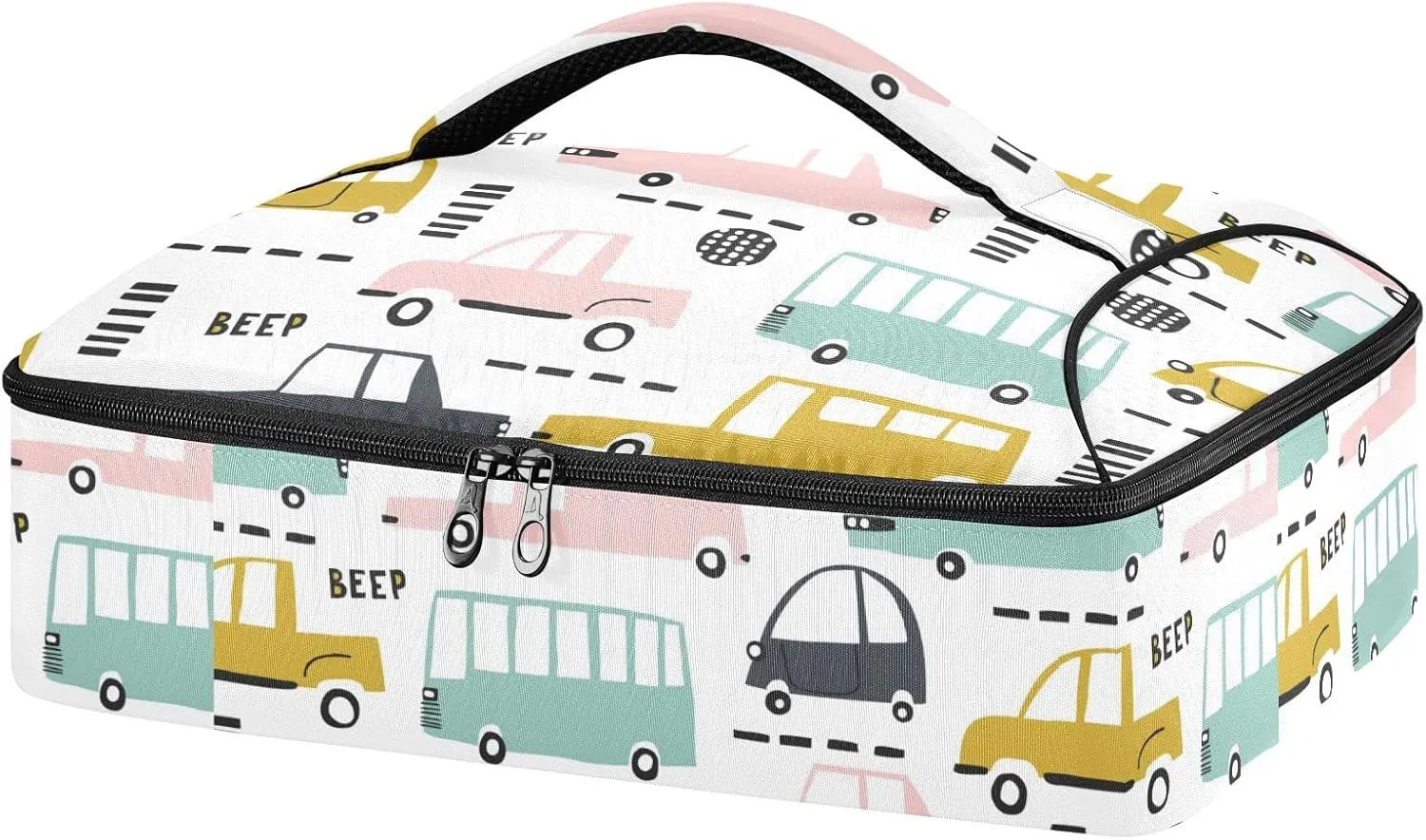 Seamless Cartoon Cars, Road Hatches, Zebra Crossing on White Reusable Insulated Pizza Bag, Waterproof Food Delivery Bag, with Handle Lid Leakproof Pizza Holder Tote for Hot or Cold Food