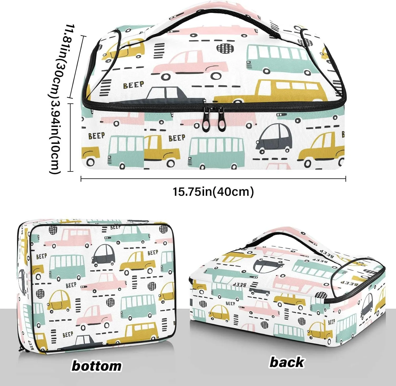 Seamless Cartoon Cars, Road Hatches, Zebra Crossing on White Reusable Insulated Pizza Bag, Waterproof Food Delivery Bag, with Handle Lid Leakproof Pizza Holder Tote for Hot or Cold Food