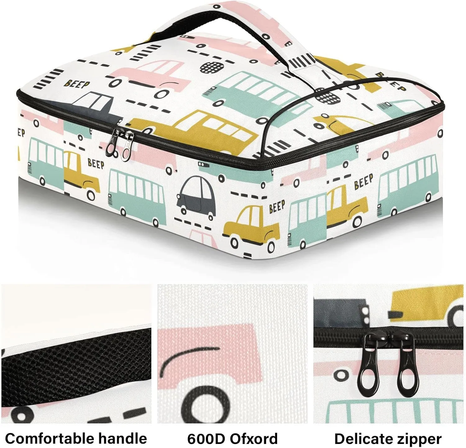 Seamless Cartoon Cars, Road Hatches, Zebra Crossing on White Reusable Insulated Pizza Bag, Waterproof Food Delivery Bag, with Handle Lid Leakproof Pizza Holder Tote for Hot or Cold Food
