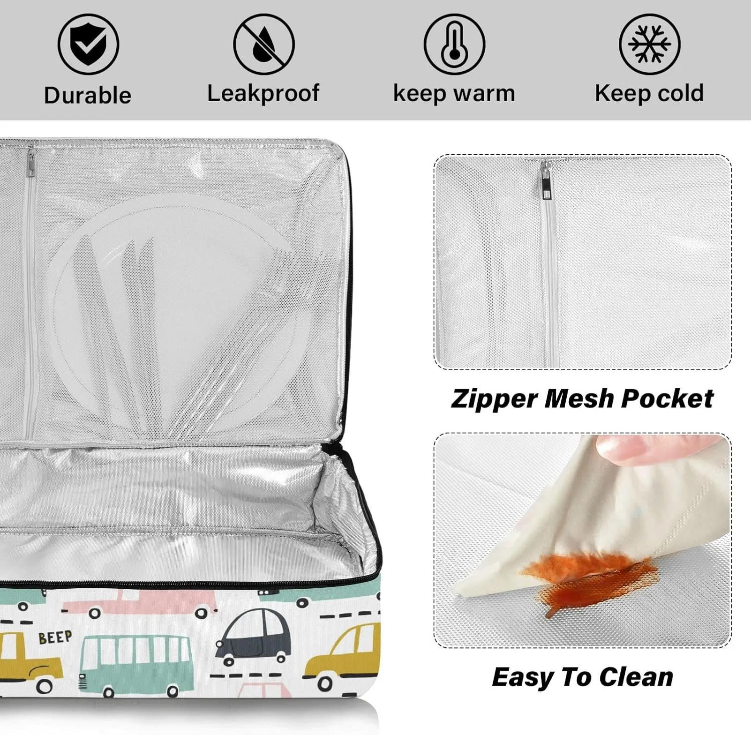 Seamless Cartoon Cars, Road Hatches, Zebra Crossing on White Reusable Insulated Pizza Bag, Waterproof Food Delivery Bag, with Handle Lid Leakproof Pizza Holder Tote for Hot or Cold Food