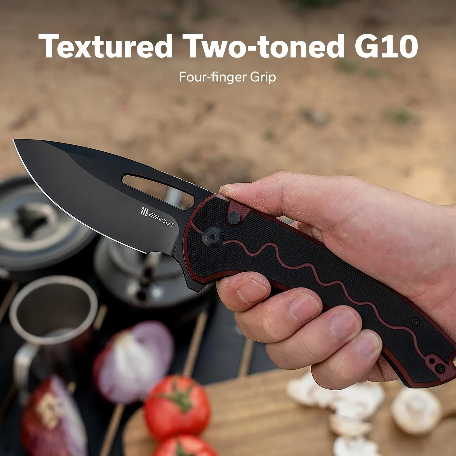 SENCUT Squiggy Pocket Knife, Camping Folding Knife with 3.89'' 9Cr18MoV Blade & G10 Handle, Reversible Clip for EDC Hiking S24082A-3 (Burgundy/Black)