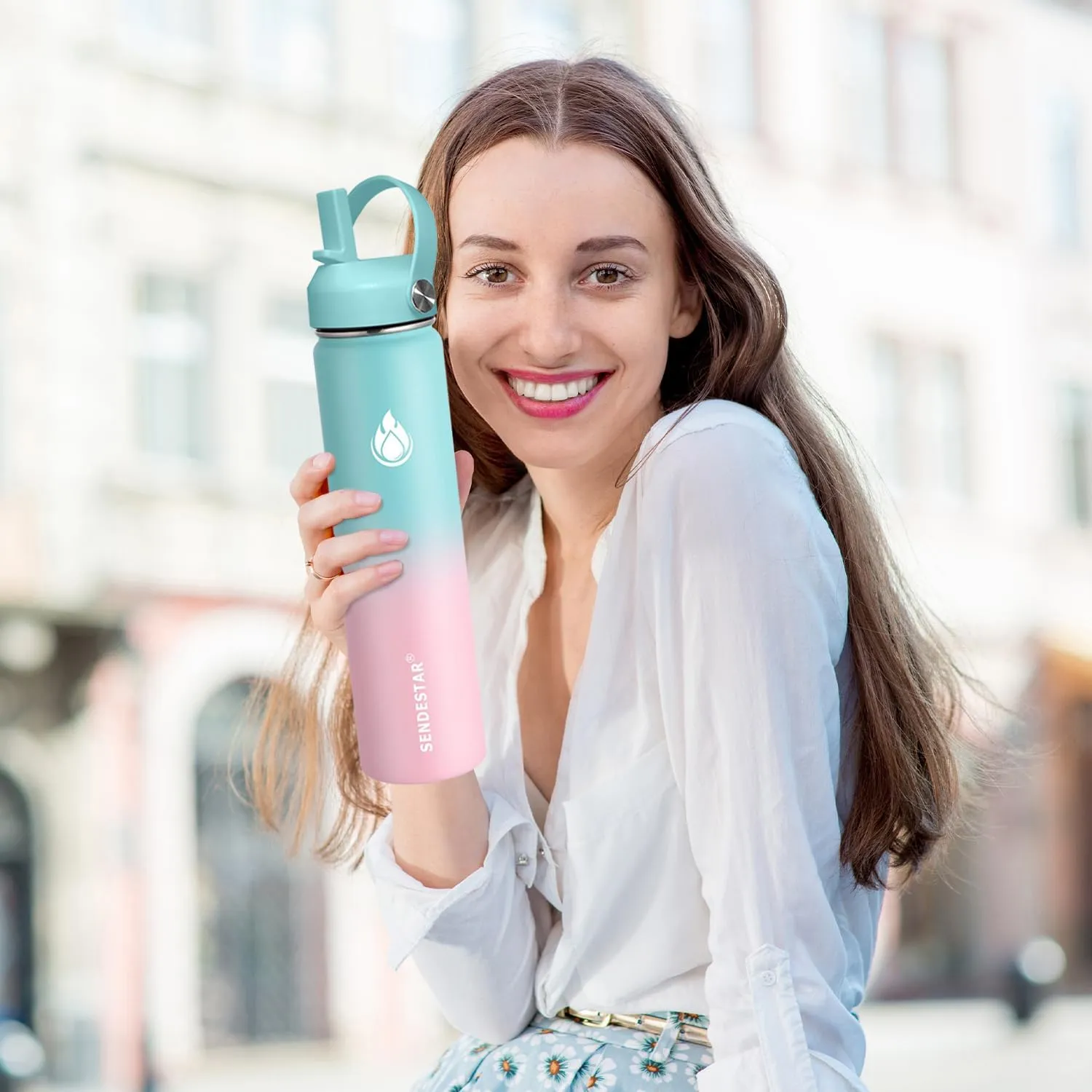 SENDESTAR Water Bottle 32oz Double Wall Vacuum Insulated Leak Proof Stainless Steel Sports Water Bottle—Wide Mouth with New Flex Straw Lid & Spout Lid (Bubble Gum)