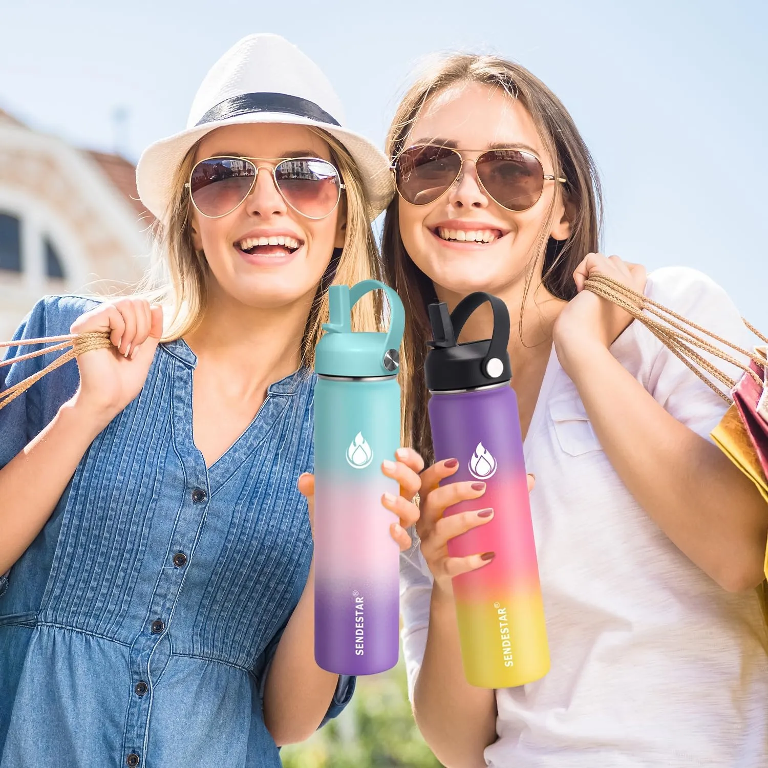 SENDESTAR Water Bottle 32oz Double Wall Vacuum Insulated Leak Proof Stainless Steel Sports Water Bottle—Wide Mouth with New Flex Straw Lid & Spout Lid (Bubble Gum)