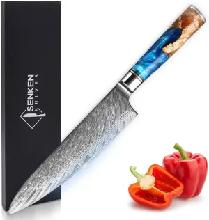 SENKEN Damascus Steel Chef's Knife - Tsunami Collection - 67-Layer Japanese VG10 Steel Core - Unique Blue Resin & Natural Wood Handle, Razor Sharp, Beautiful Damascus Wave Pattern (8" Chef's Knife)